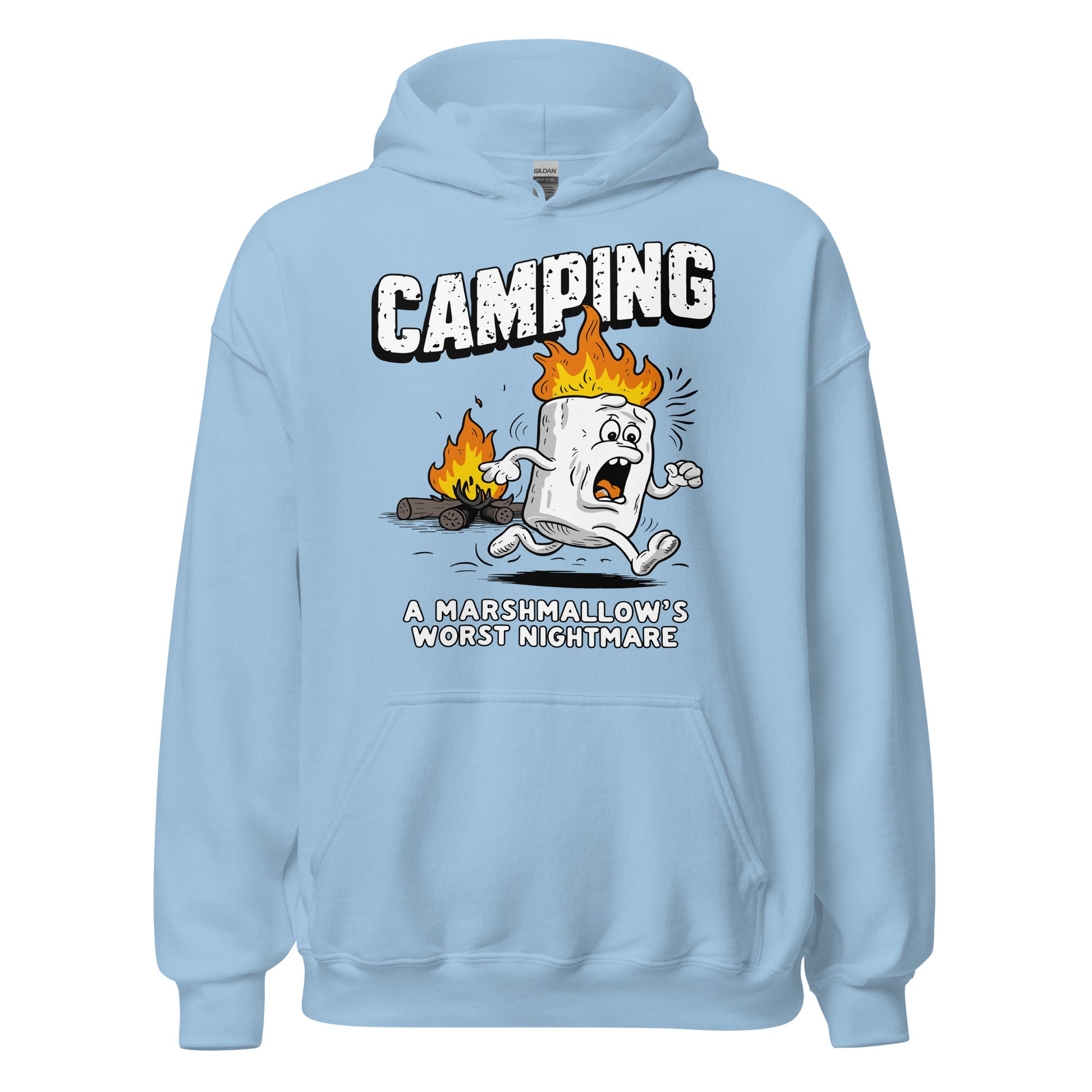 Camping a marshmellows worst nightmare printed hoodie by Whistler shirts, with print of marshmellow running away from fire