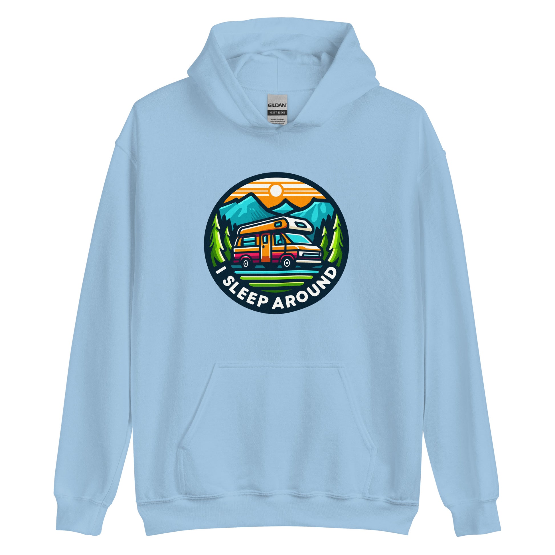 I Sleep around camper van design printed on Hoodie by Whistler Shirts