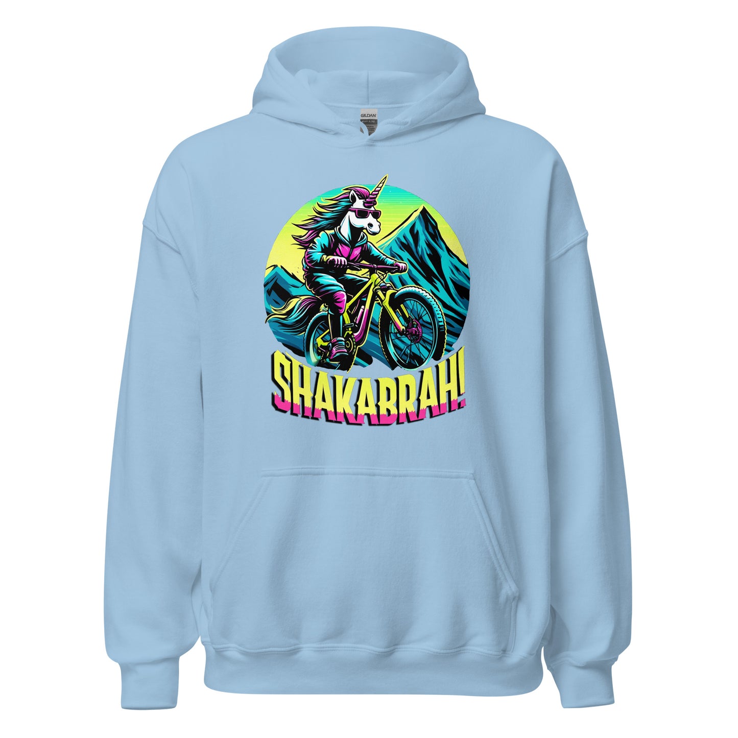 Shakabrah unicorn mountain biking design printed on a hoodie by Whistler Shirts