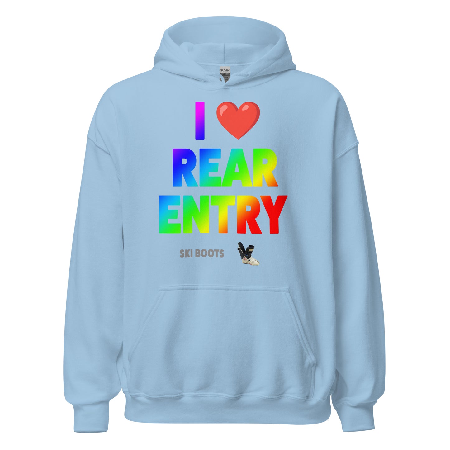 I Love Rear Entry Ski Boots Design printed on hoodie by Whistler Shirts