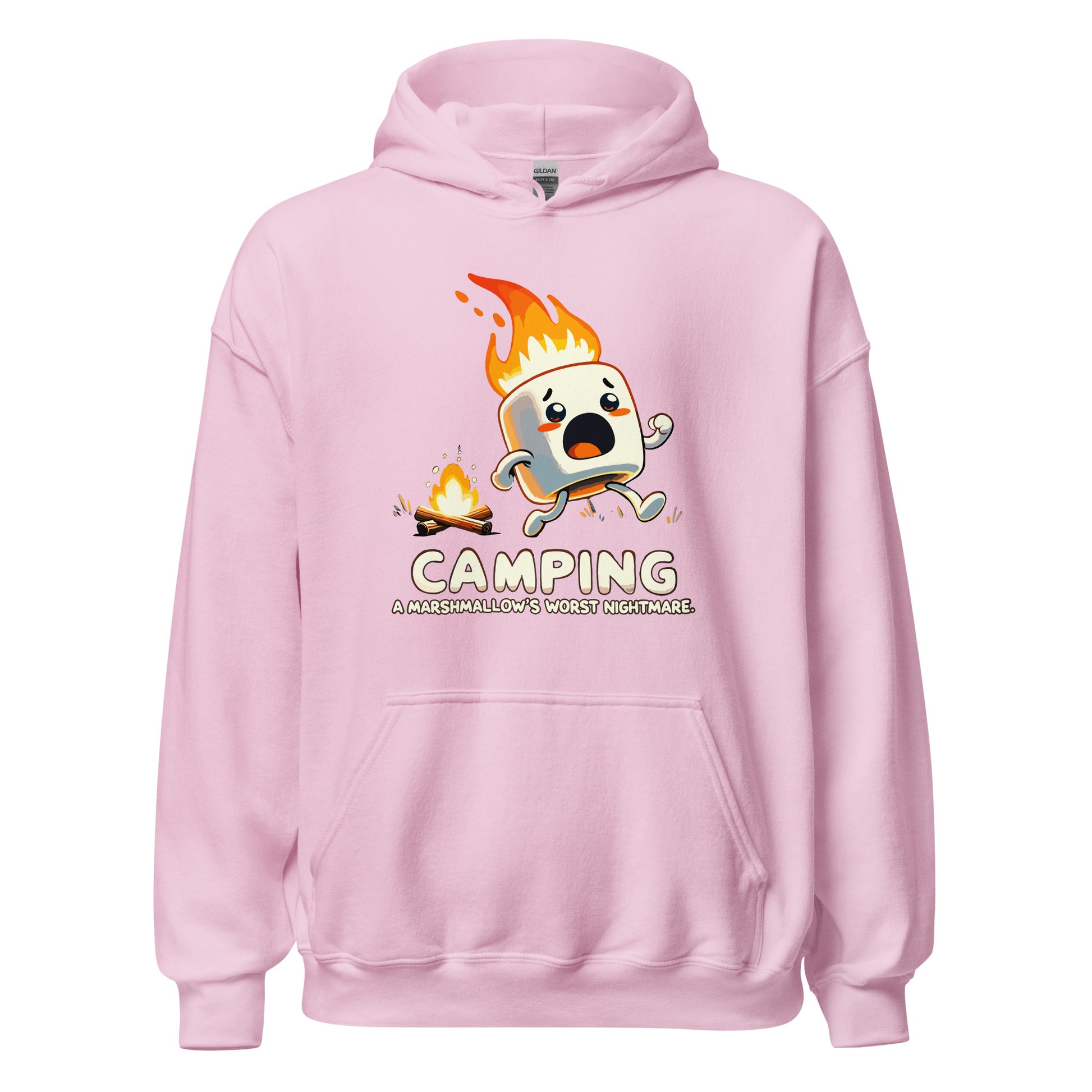 Camping a marshmellows worst nightmare with a marshmellow running away from a campfire printed hoodie by Whistler Shirts