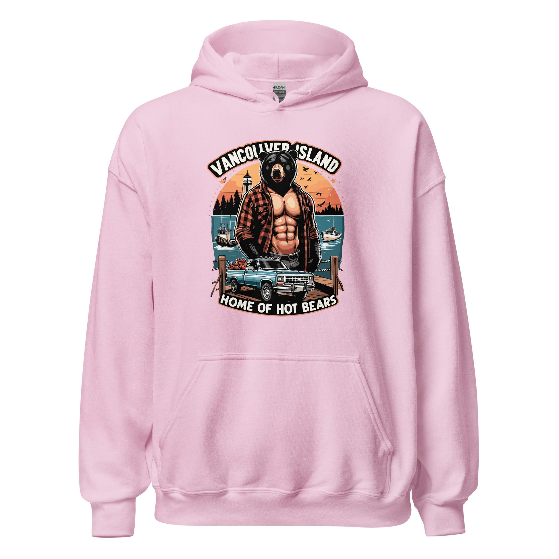 Hoodie printed with Vancouver Island Home of Hot Bears text with picture of a shirtless man with a bear head and truck on a dock by the ocean. Printed on hoodie by Whistler Shirts