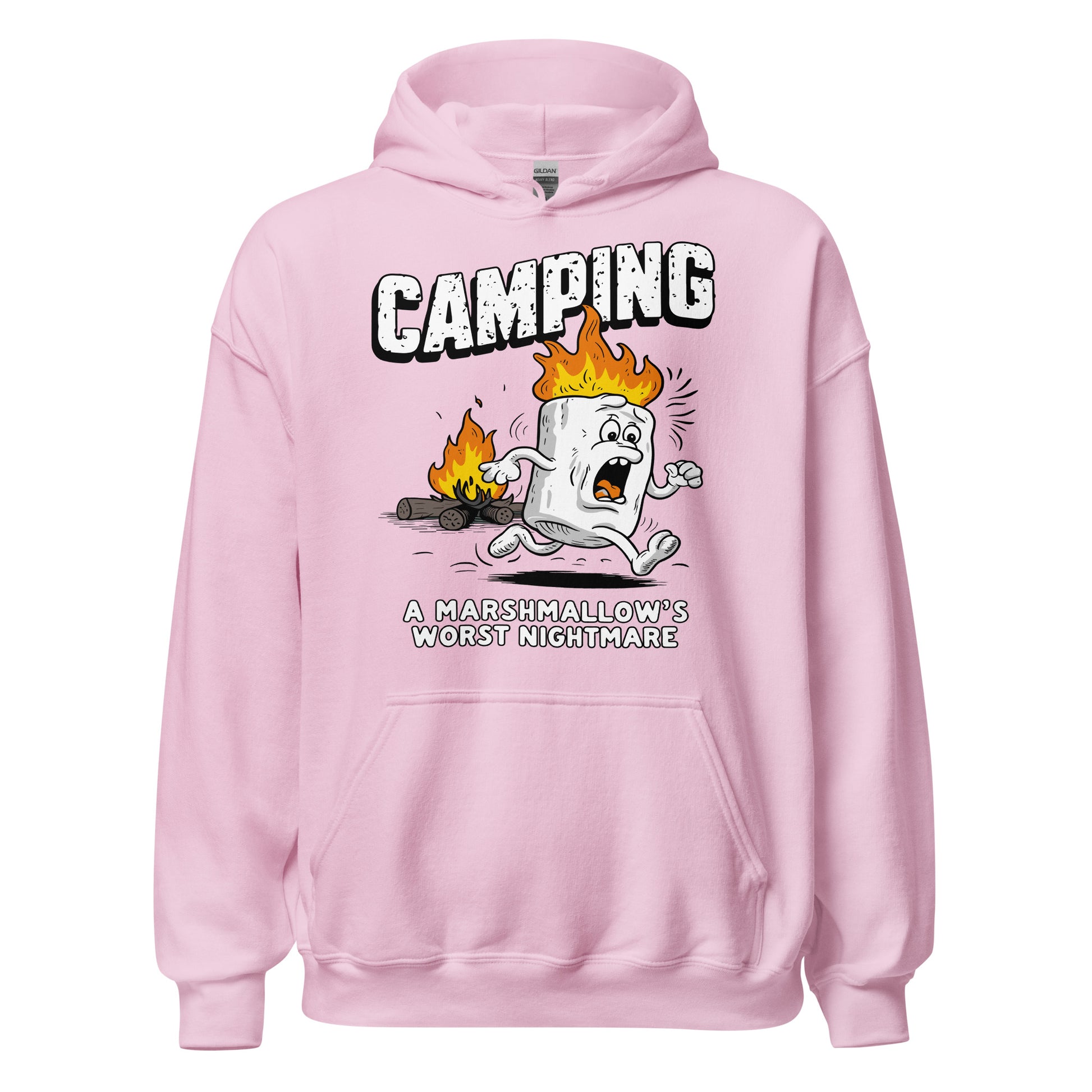 Camping a marshmellows worst nightmare printed hoodie by Whistler shirts, with print of marshmellow running away from fire