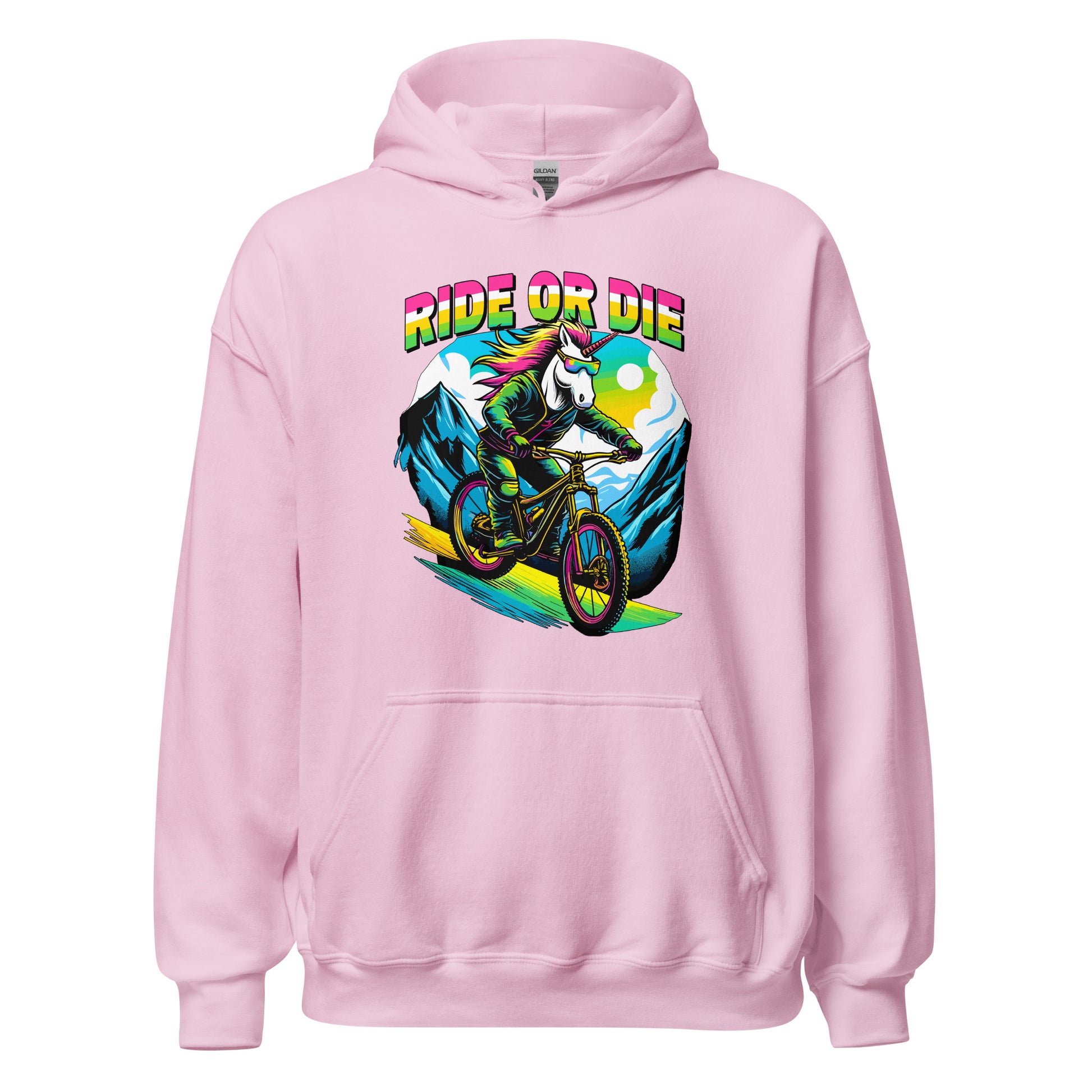 Ride Or Die Unicorn riding a bike down a mountain printed on hoodie by Whistler Shirts