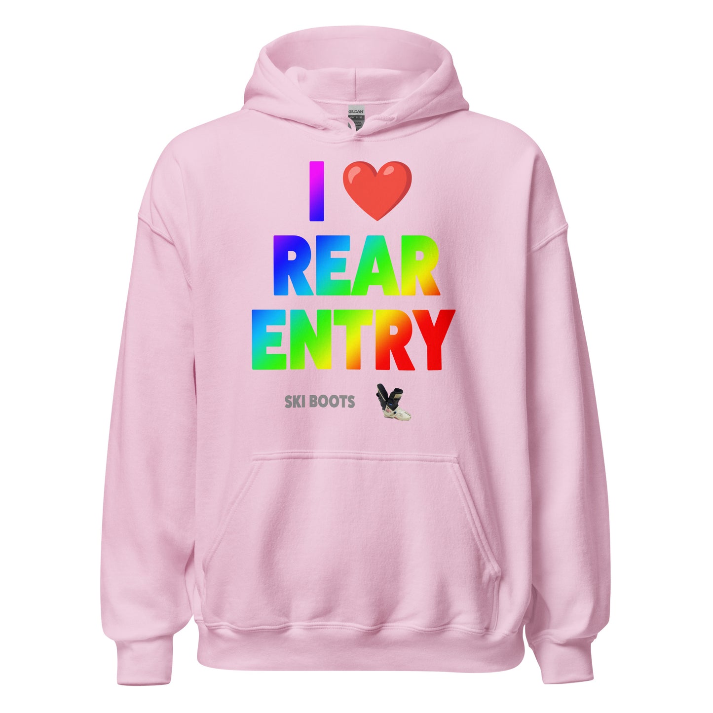 I Love Rear Entry Ski Boots Design printed on hoodie by Whistler Shirts