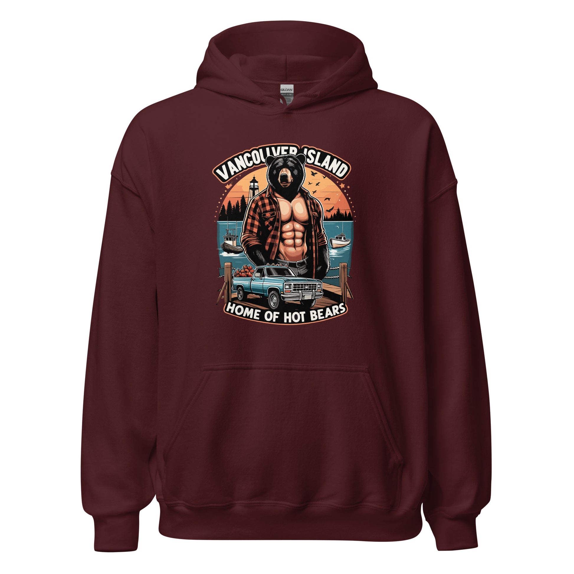 Hoodie printed with Vancouver Island Home of Hot Bears text with picture of a shirtless man with a bear head and truck on a dock by the ocean. Printed on hoodie by Whistler Shirts