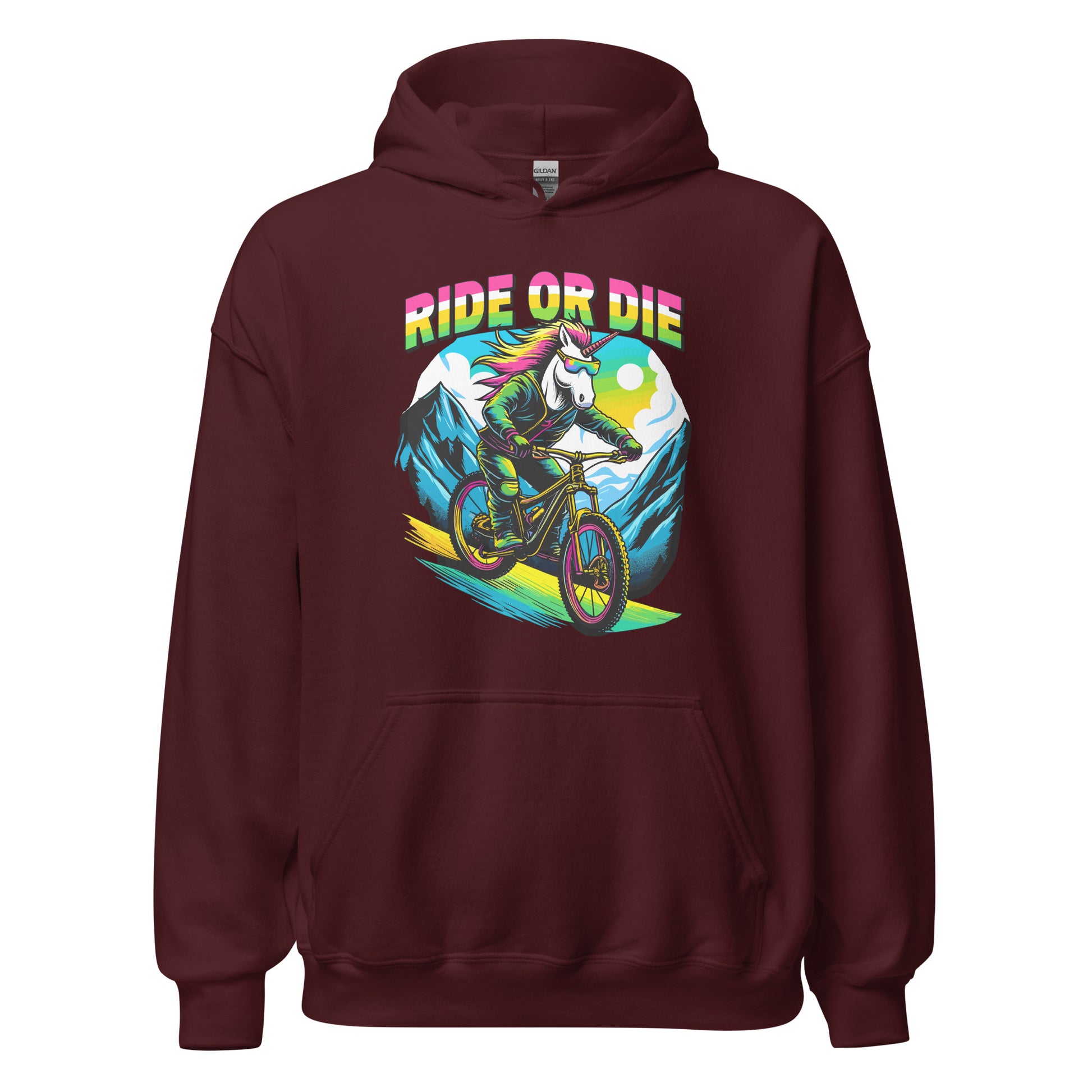 Ride Or Die Unicorn riding a bike down a mountain printed on hoodie by Whistler Shirts