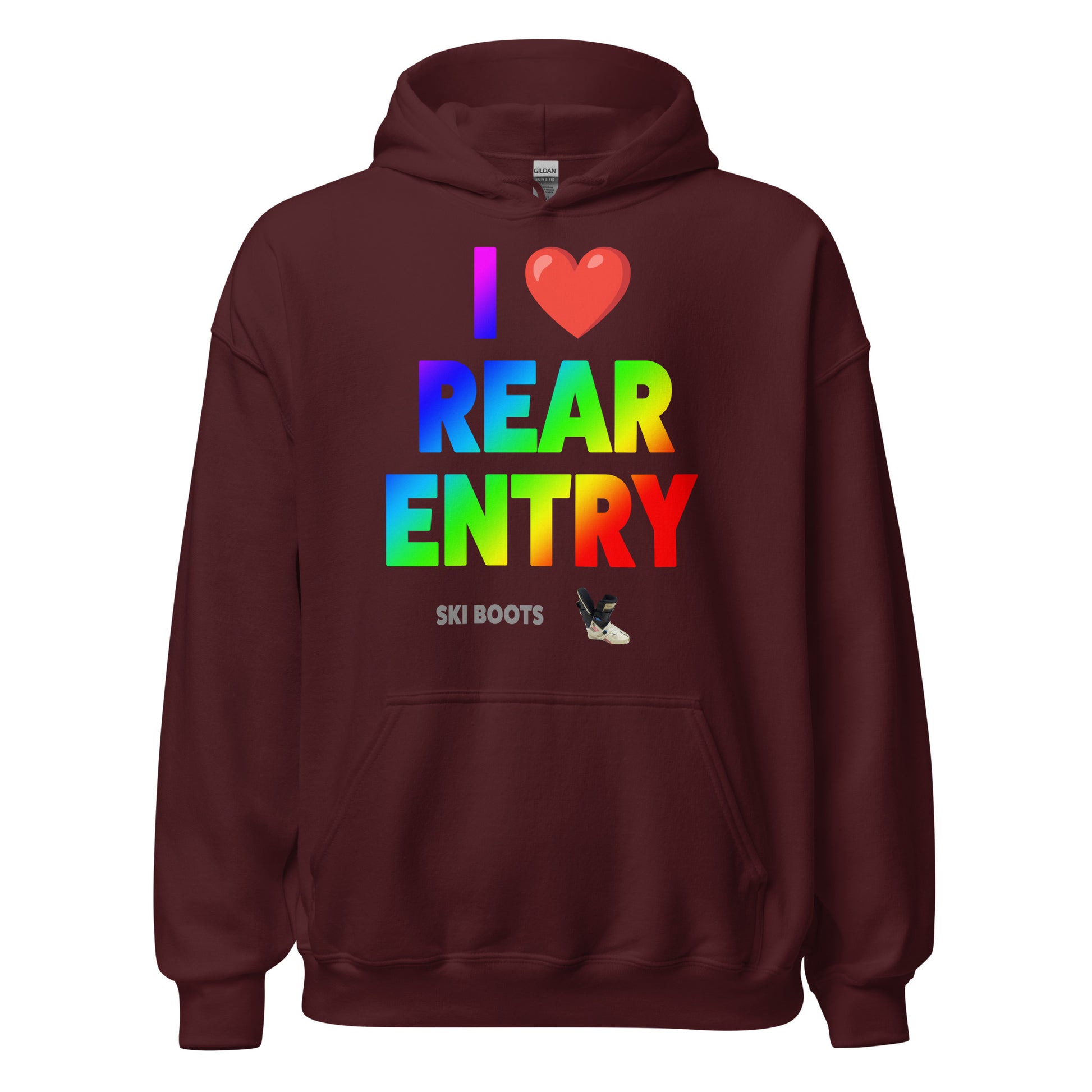 I Love Rear Entry Ski Boots Design printed on hoodie by Whistler Shirts