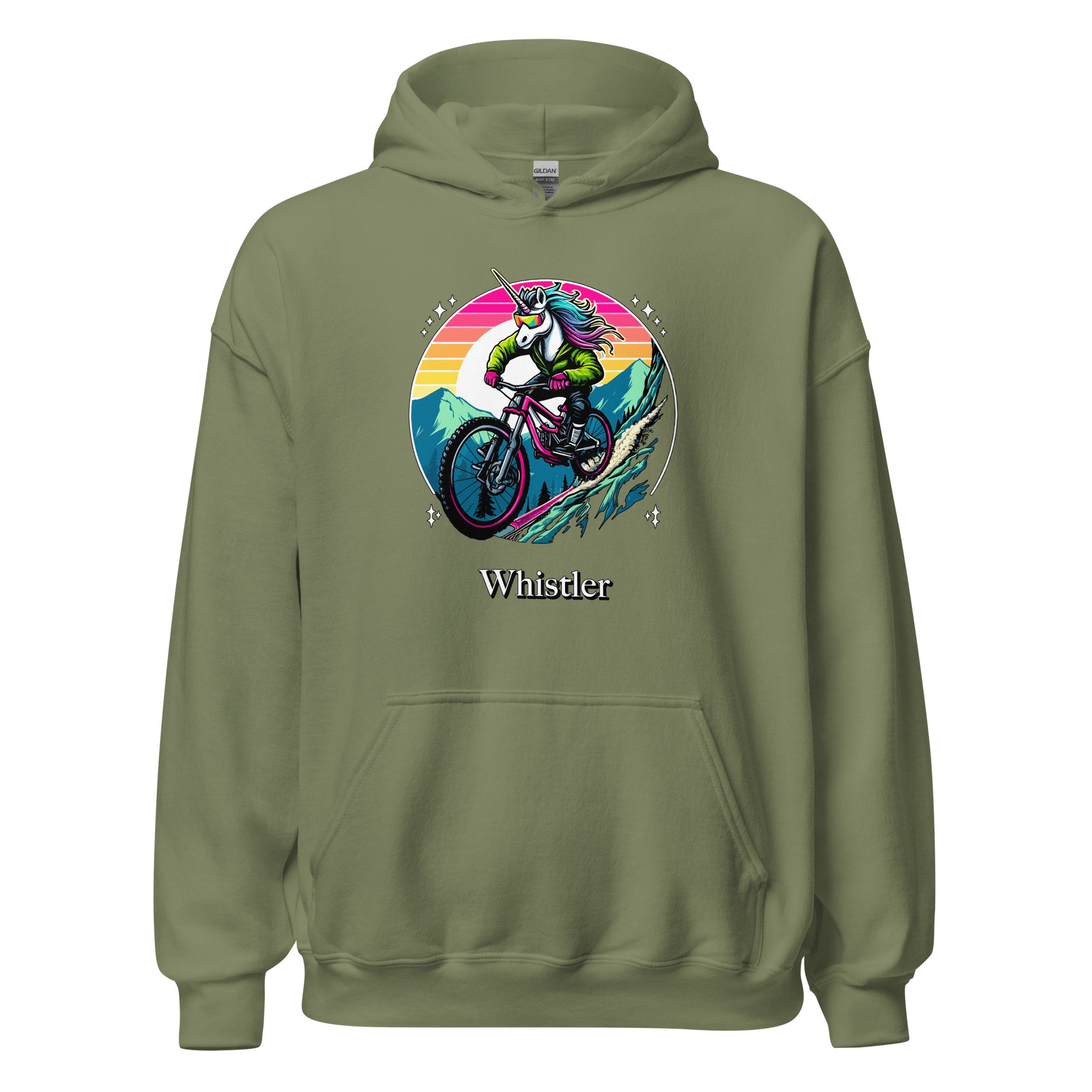 Unicorn Mountain Biking Rainbow Whistler Hoodie printed by Whistler Shirts