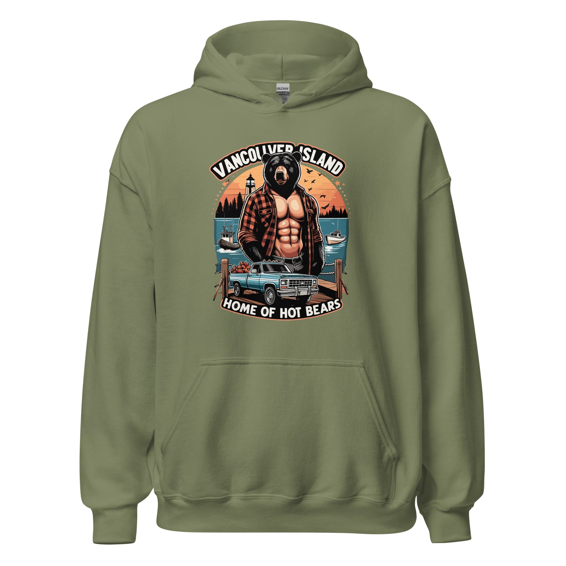 Hoodie printed with Vancouver Island Home of Hot Bears text with picture of a shirtless man with a bear head and truck on a dock by the ocean. Printed on hoodie by Whistler Shirts