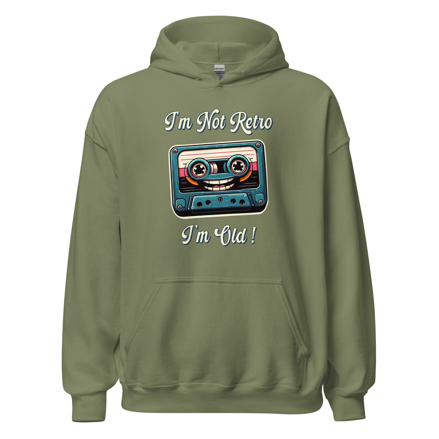 Im not retro im old casette tape hoodie printed by Whistler Shirts with a cassette tape wth a smiley face