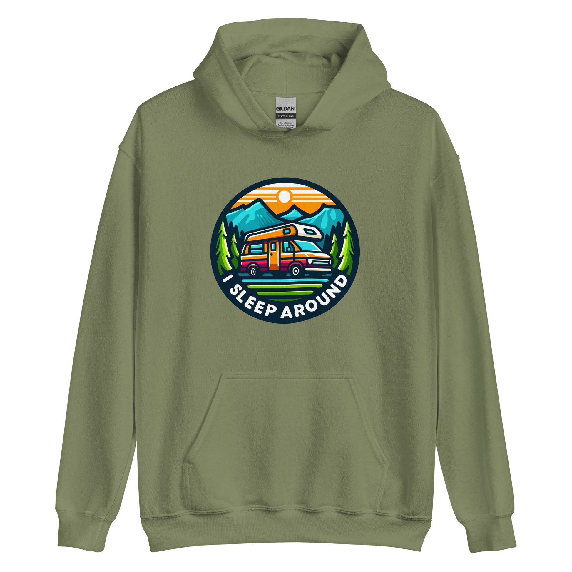 I Sleep around camper van design printed on Hoodie by Whistler Shirts