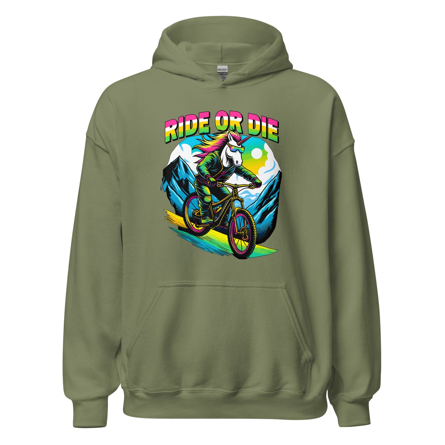 Ride Or Die Unicorn riding a bike down a mountain printed on hoodie by Whistler Shirts