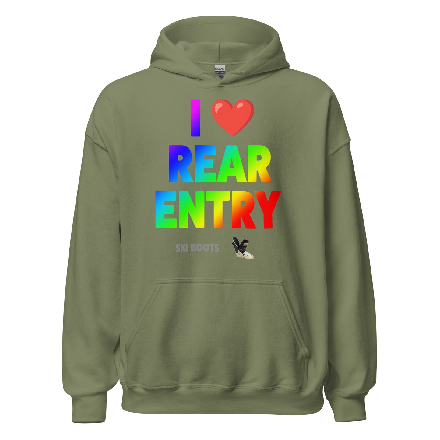 I Love Rear Entry Ski Boots Design printed on hoodie by Whistler Shirts