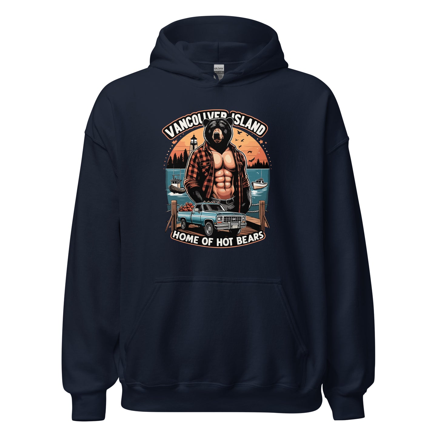 Hoodie printed with Vancouver Island Home of Hot Bears text with picture of a shirtless man with a bear head and truck on a dock by the ocean. Printed on hoodie by Whistler Shirts