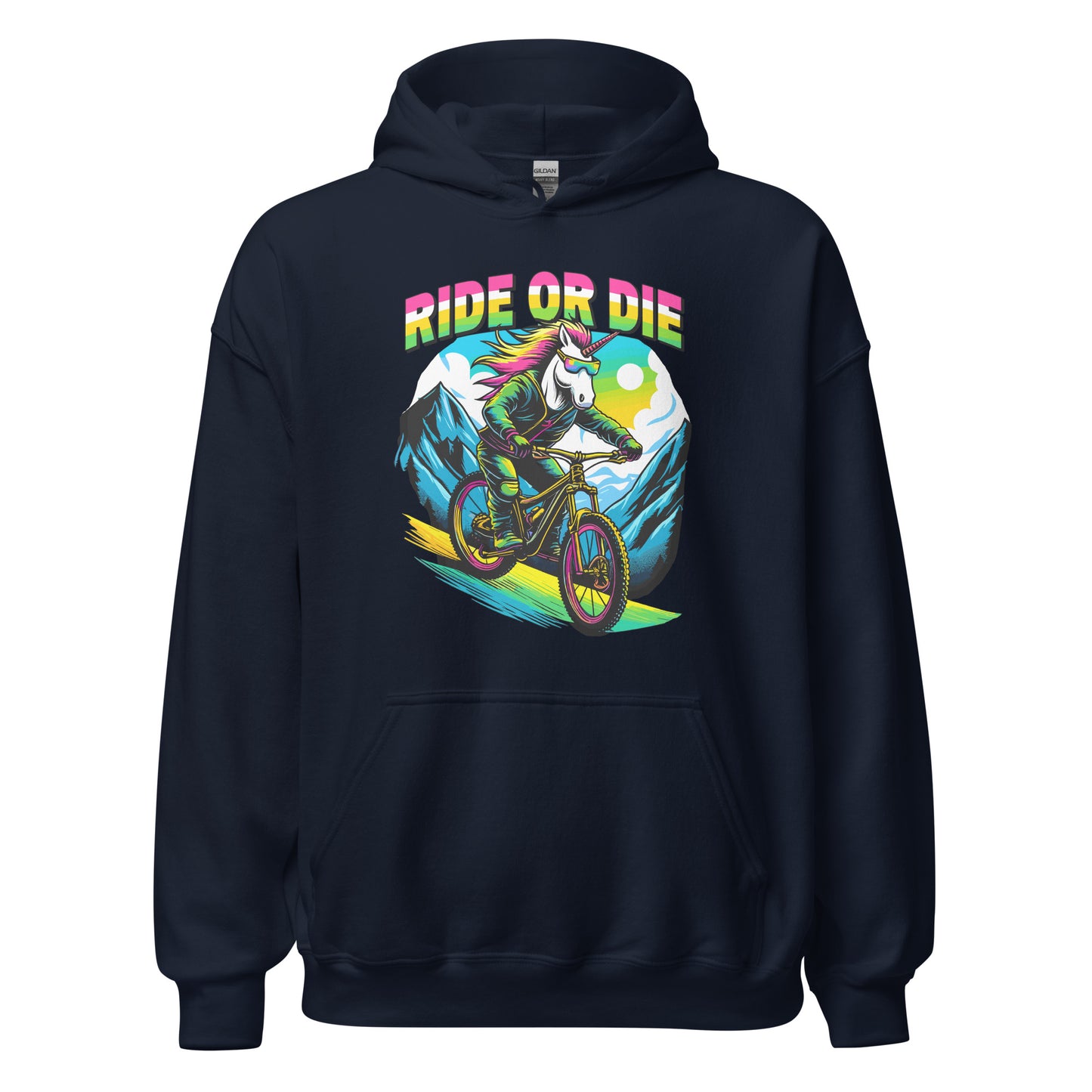 Ride Or Die Unicorn riding a bike down a mountain printed on hoodie by Whistler Shirts