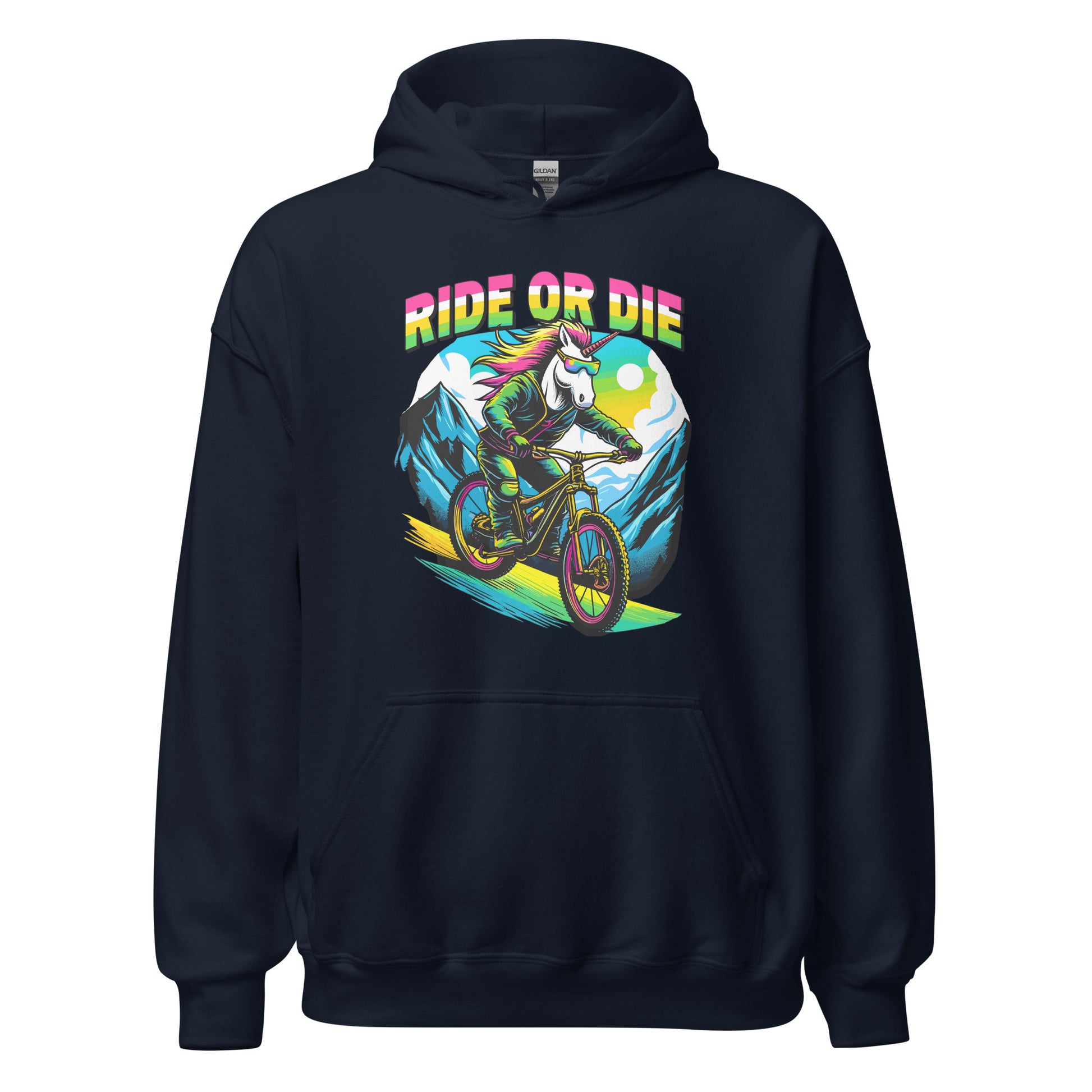 Ride Or Die Unicorn riding a bike down a mountain printed on hoodie by Whistler Shirts