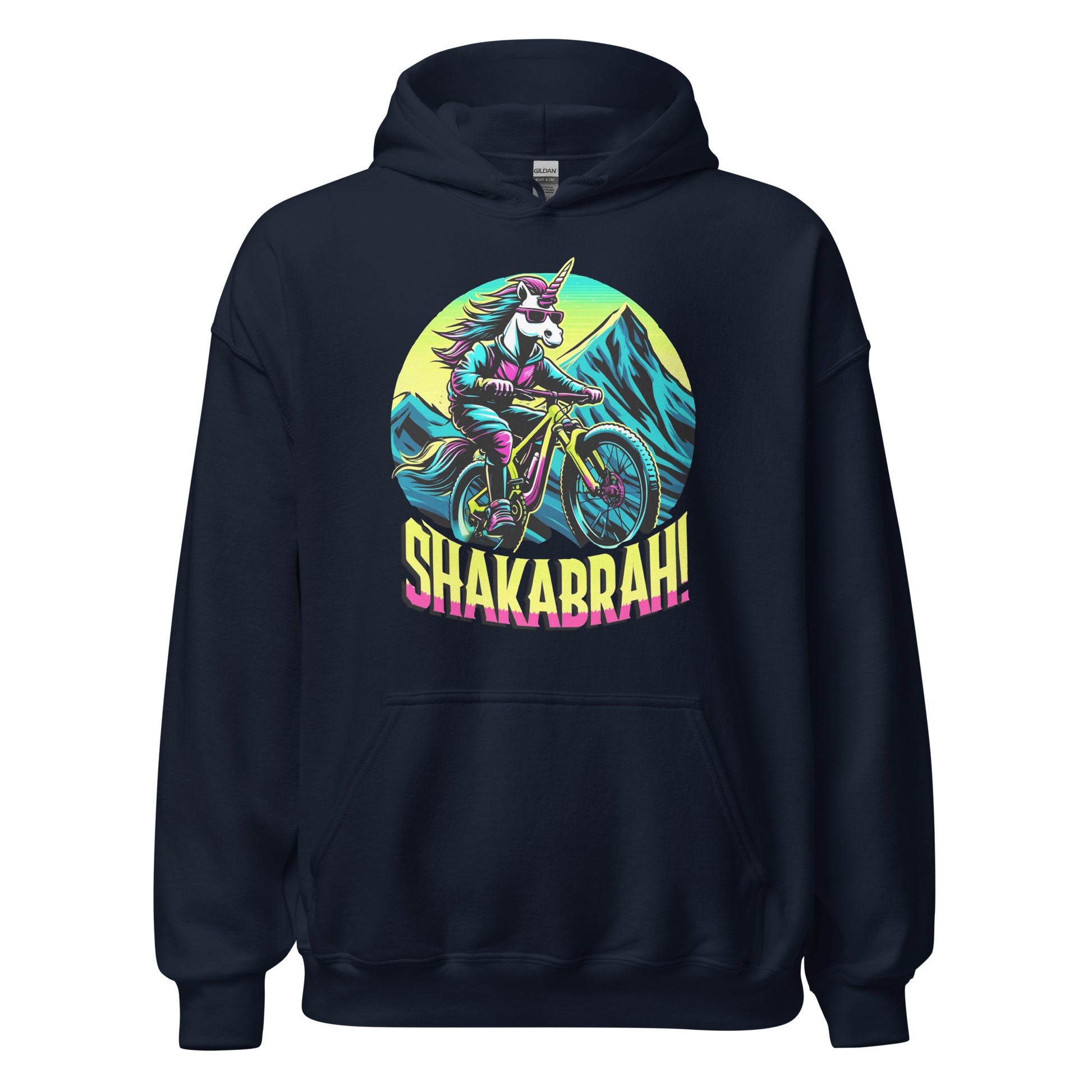 Shakabrah unicorn mountain biking design printed on a hoodie by Whistler Shirts