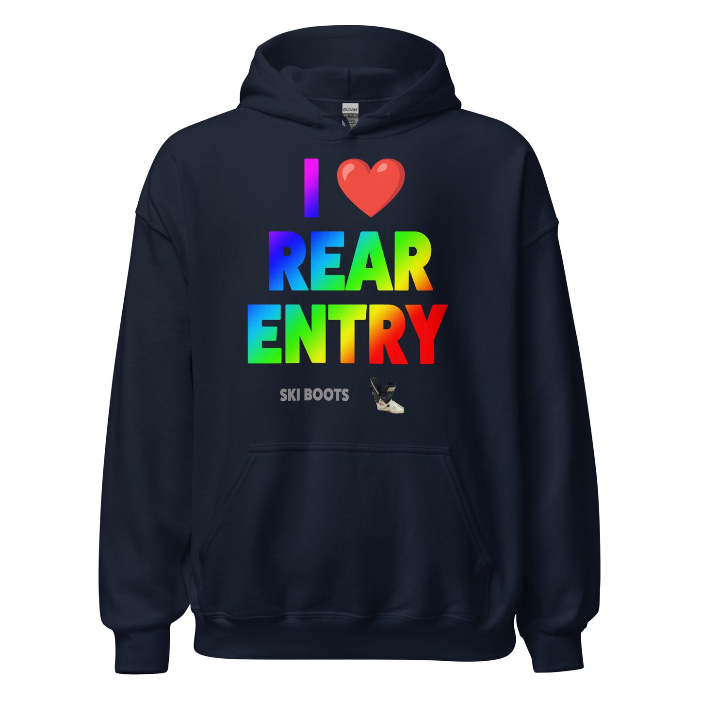 I Love Rear Entry Ski Boots Design printed on hoodie by Whistler Shirts
