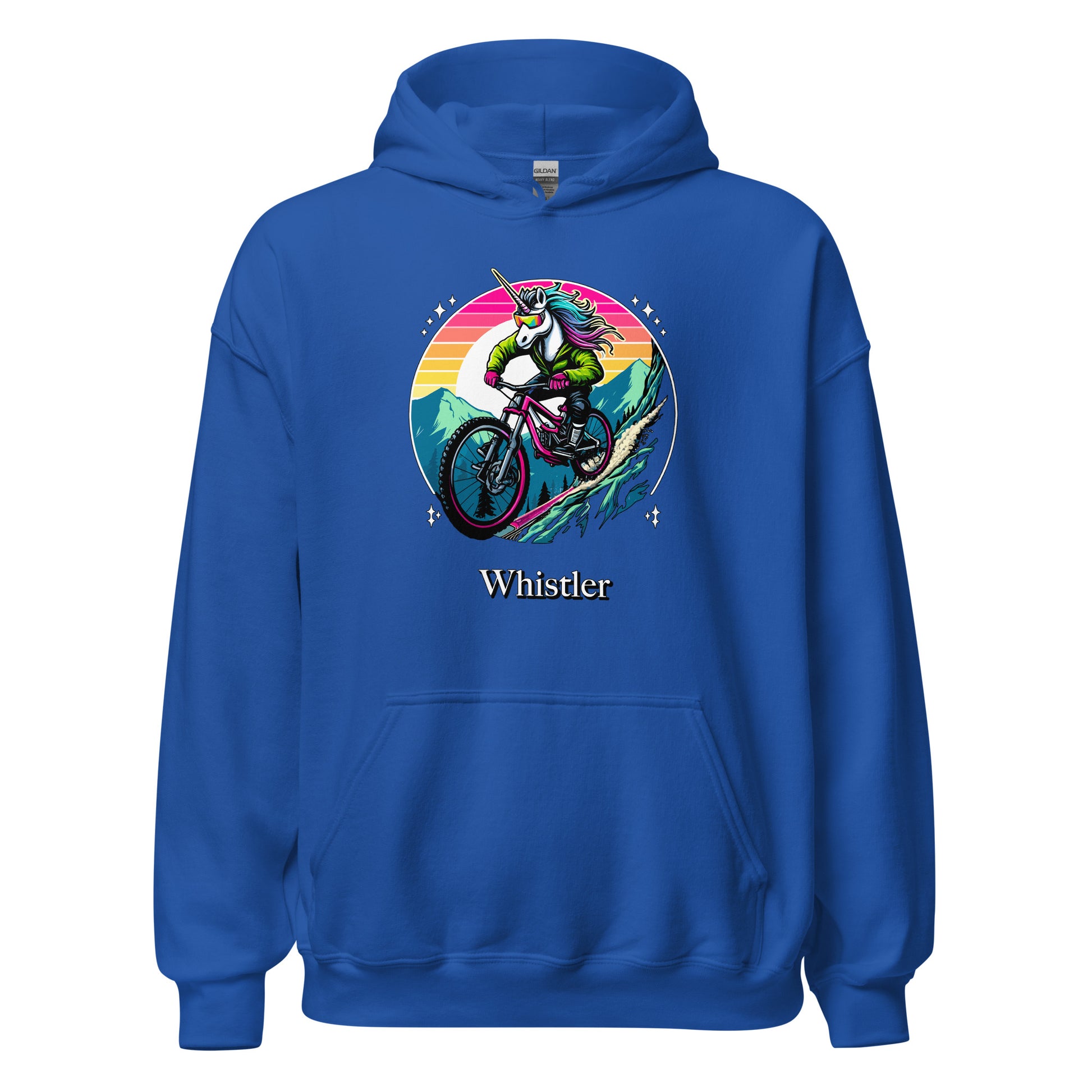 Unicorn Mountain Biking Rainbow Whistler Hoodie printed by Whistler Shirts