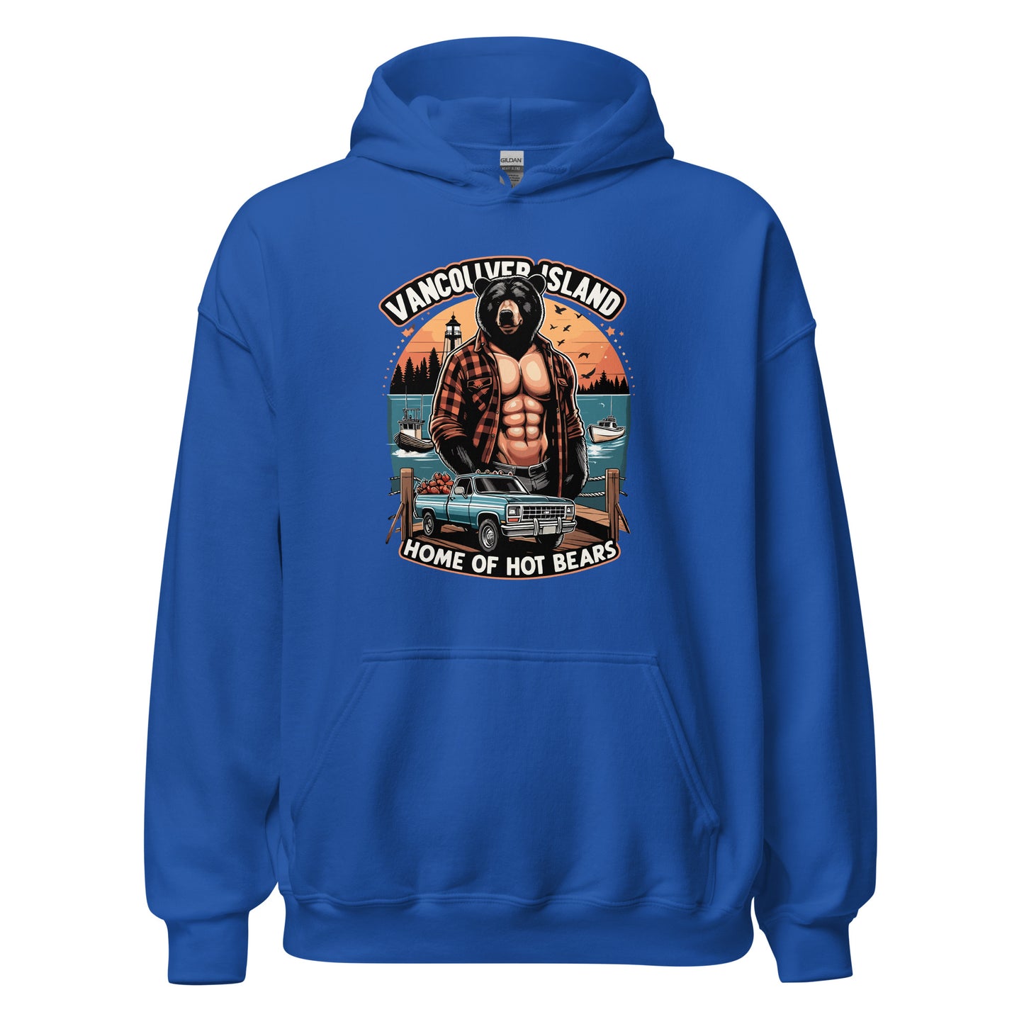 Hoodie printed with Vancouver Island Home of Hot Bears text with picture of a shirtless man with a bear head and truck on a dock by the ocean. Printed on hoodie by Whistler Shirts