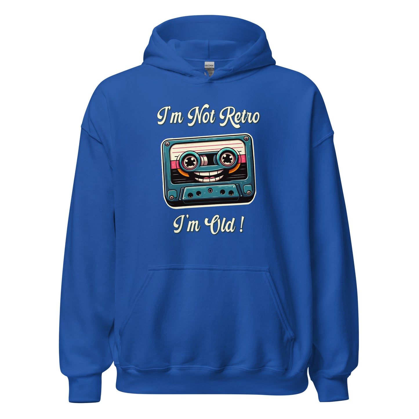 Im not retro im old casette tape hoodie printed by Whistler Shirts with a cassette tape wth a smiley face