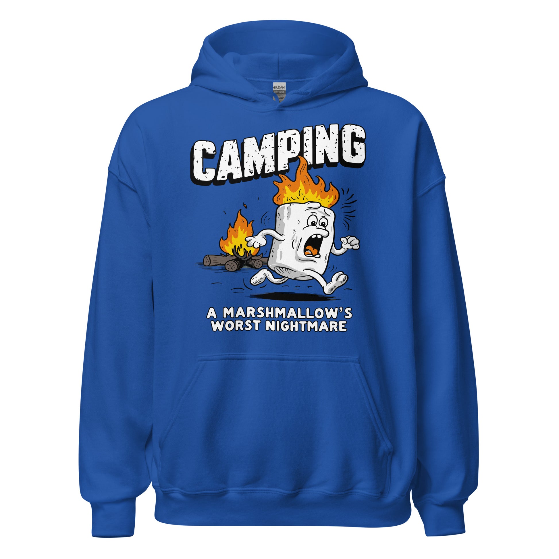 Camping a marshmellows worst nightmare printed hoodie by Whistler shirts, with print of marshmellow running away from fire