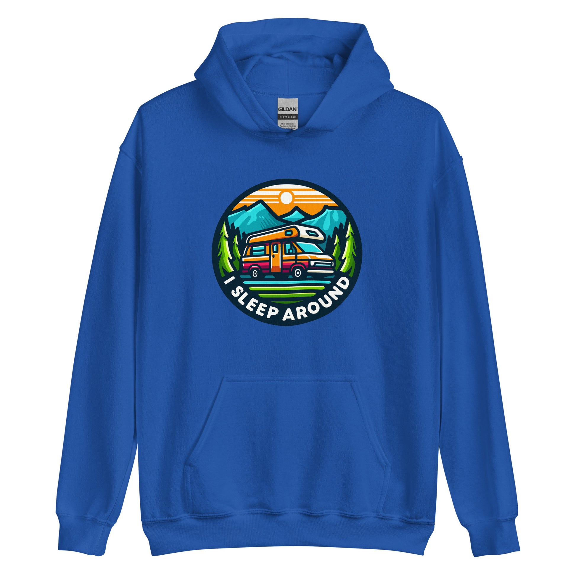 I Sleep around camper van design printed on Hoodie by Whistler Shirts