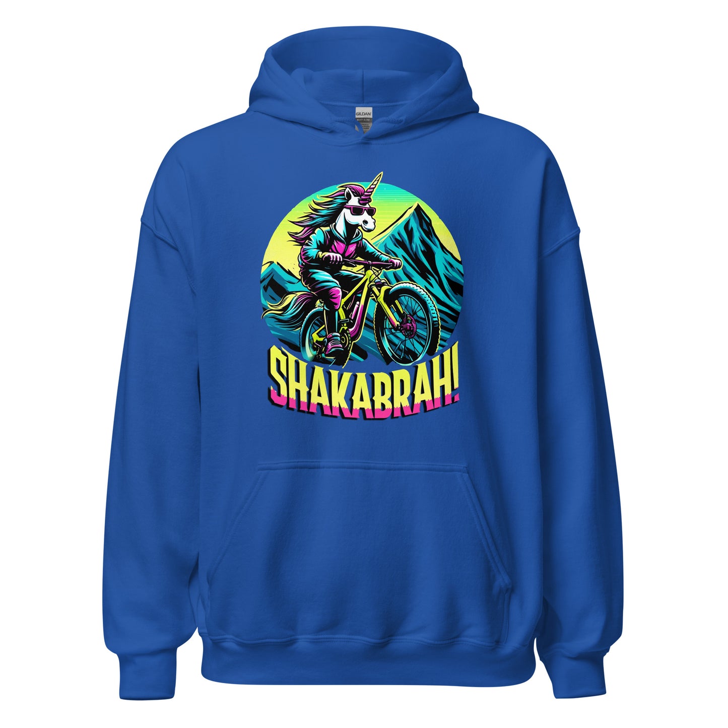 Shakabrah unicorn mountain biking design printed on a hoodie by Whistler Shirts