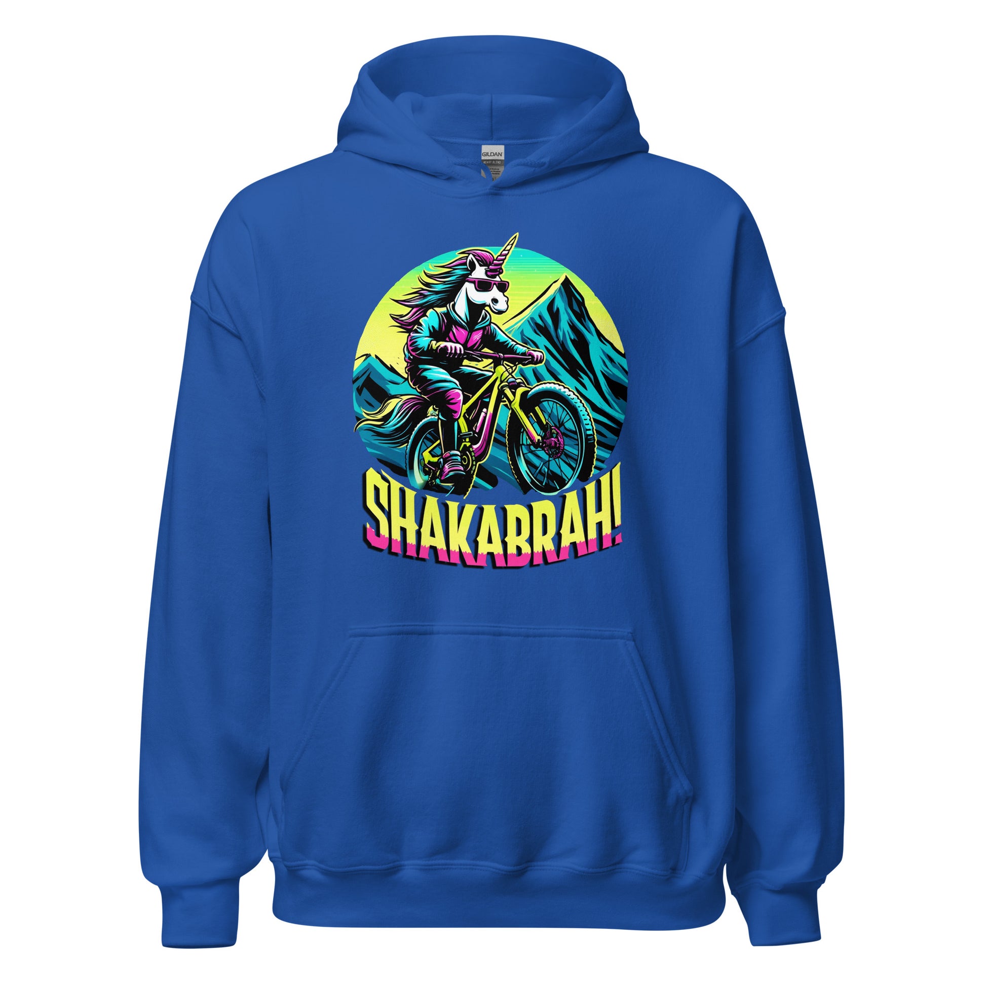 Shakabrah unicorn mountain biking design printed on a hoodie by Whistler Shirts