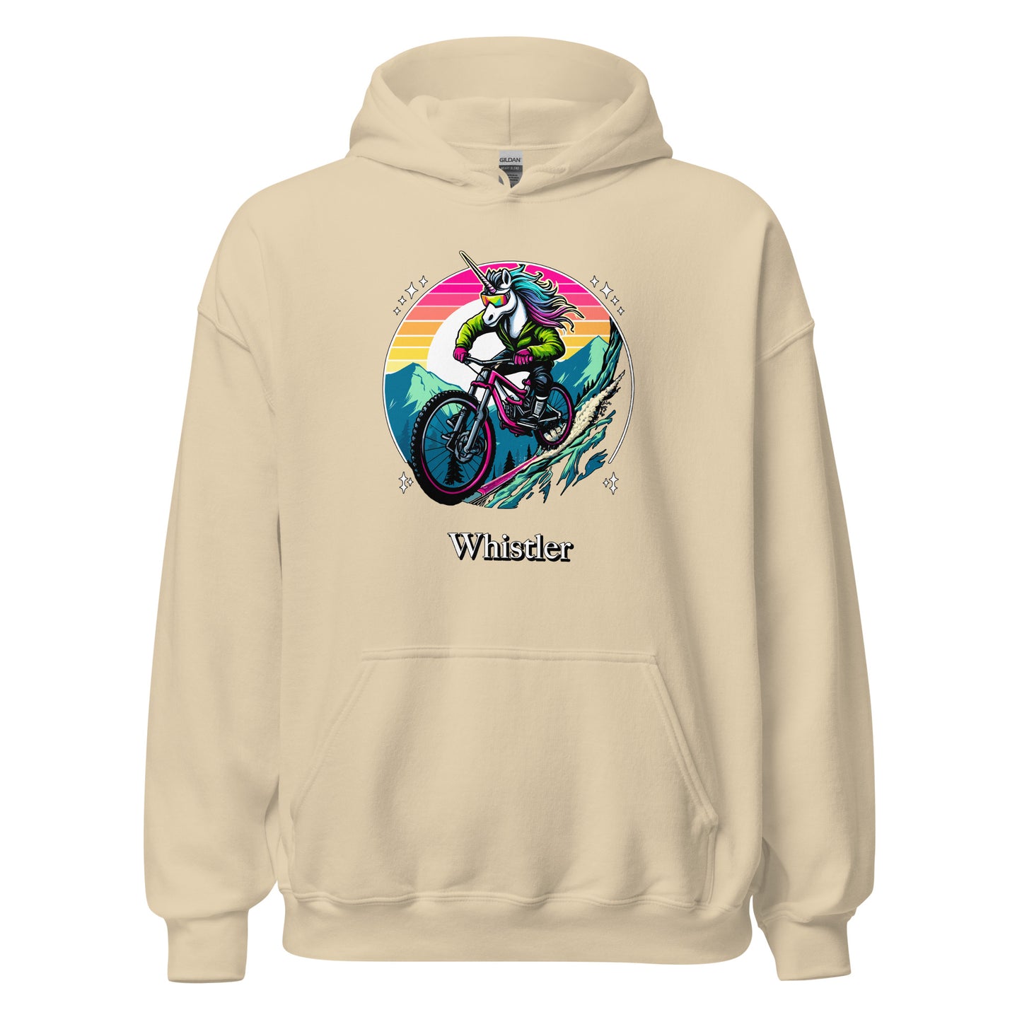 Unicorn Mountain Biking Rainbow Whistler Hoodie printed by Whistler Shirts