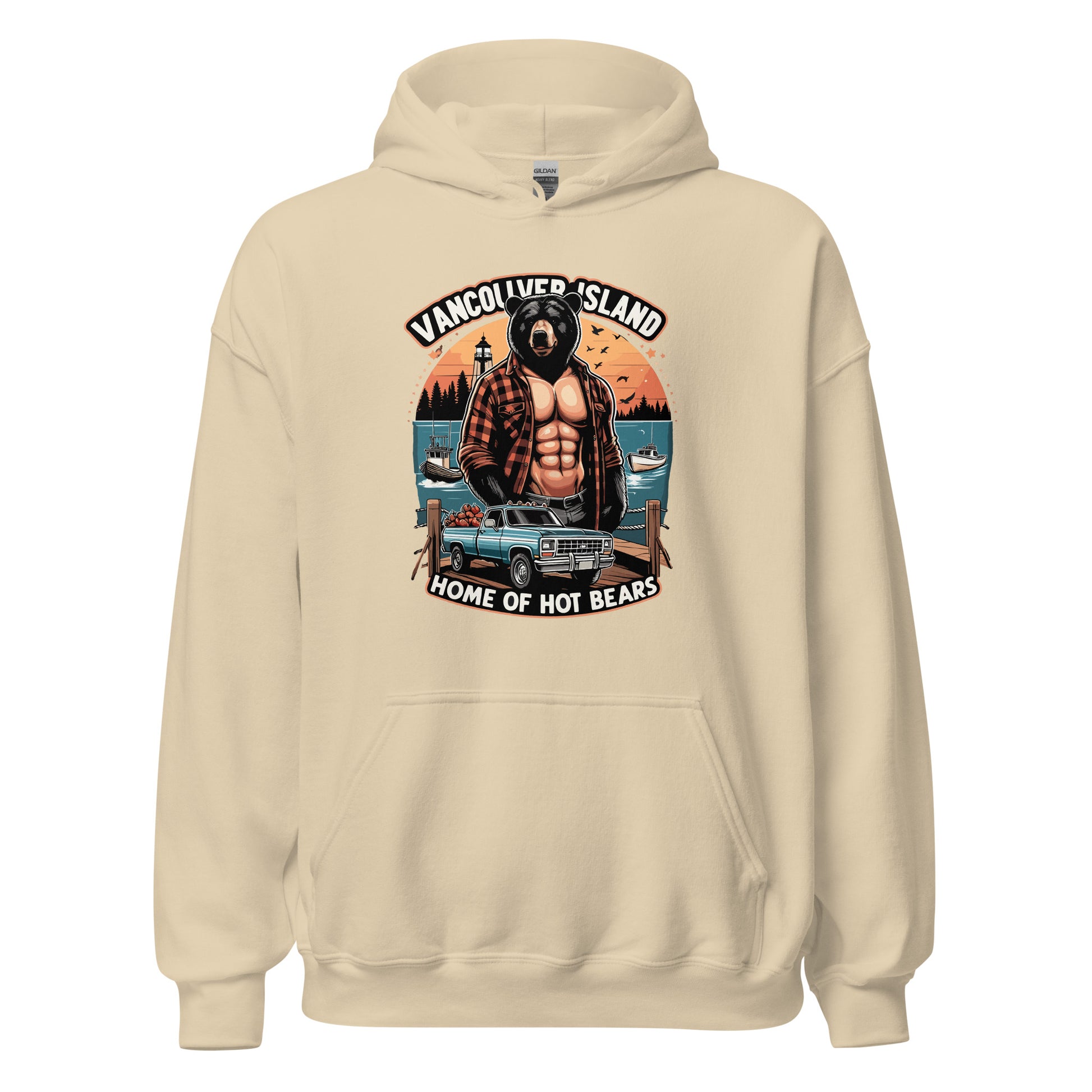 Hoodie printed with Vancouver Island Home of Hot Bears text with picture of a shirtless man with a bear head and truck on a dock by the ocean. Printed on hoodie by Whistler Shirts