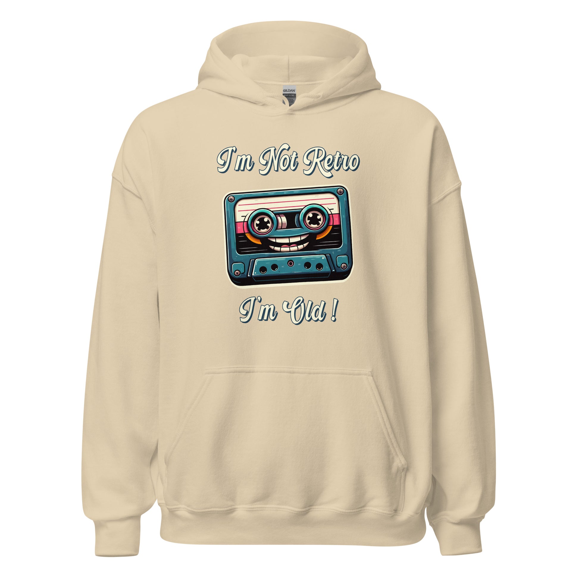 Im not retro im old casette tape hoodie printed by Whistler Shirts with a cassette tape wth a smiley face