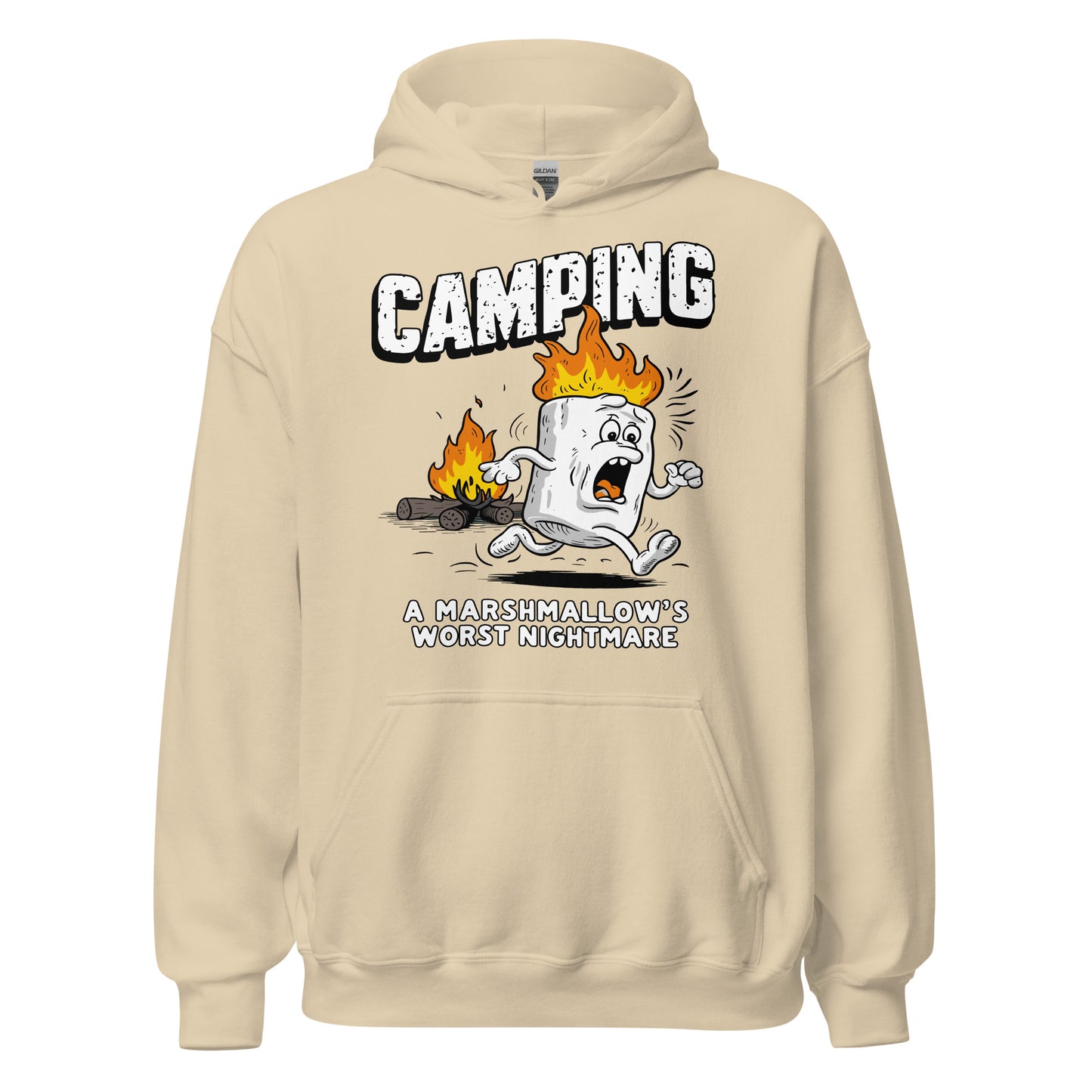 Camping a marshmellows worst nightmare printed hoodie by Whistler shirts, with print of marshmellow running away from fire