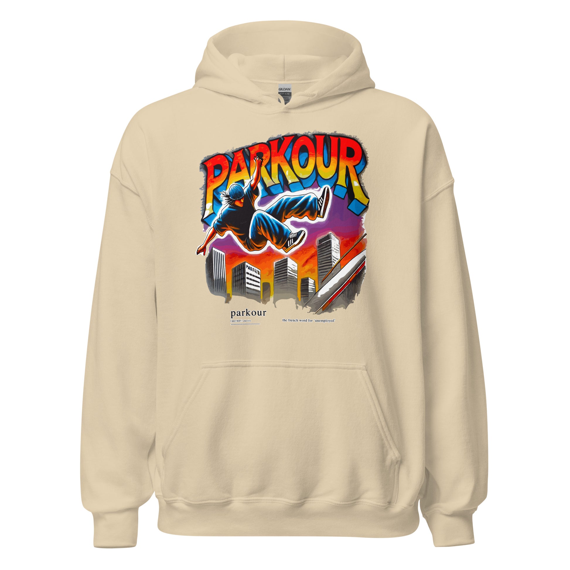 Parkour is French for Unemployment design printed on hoodie by Whistler Shirts