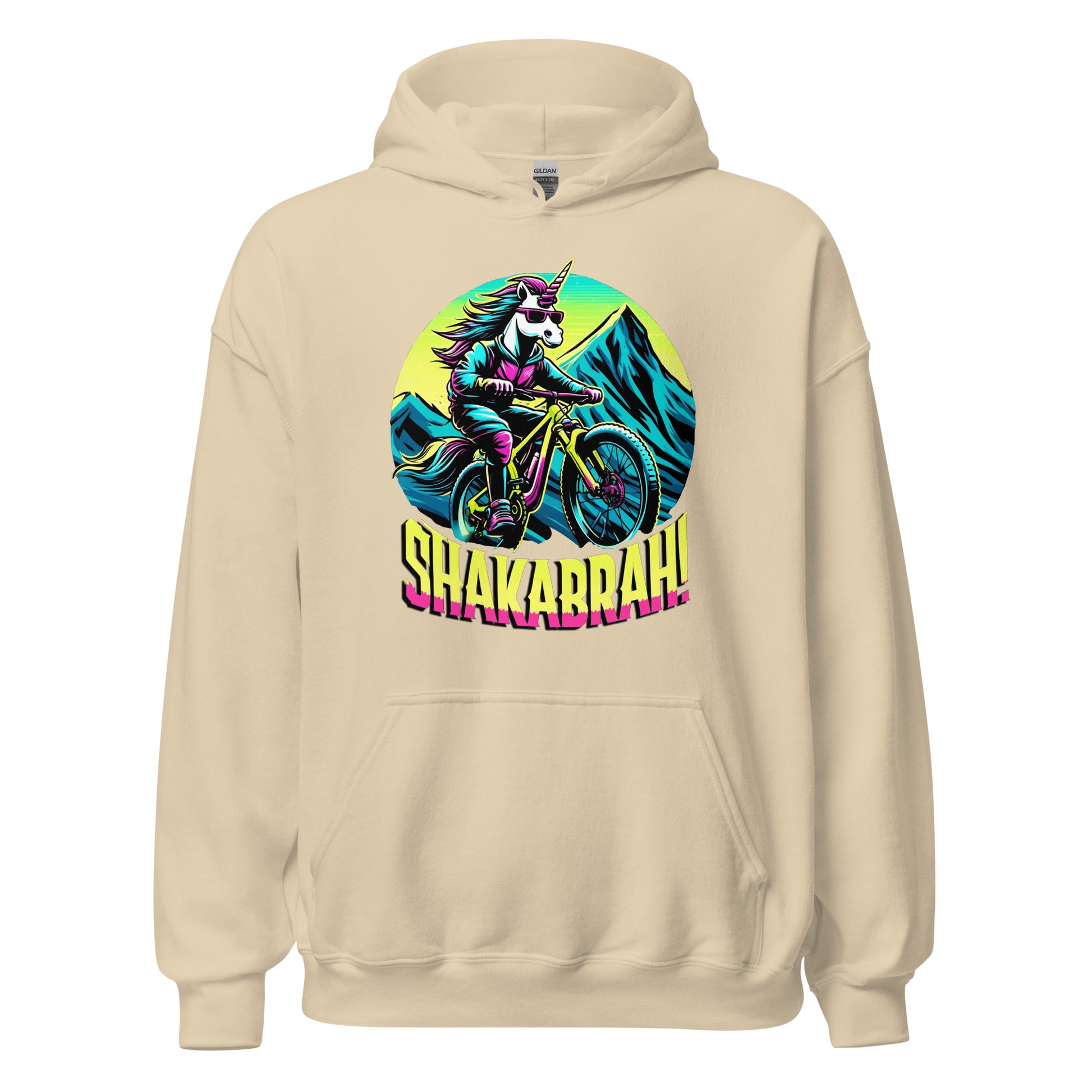 Shakabrah unicorn mountain biking design printed on a hoodie by Whistler Shirts