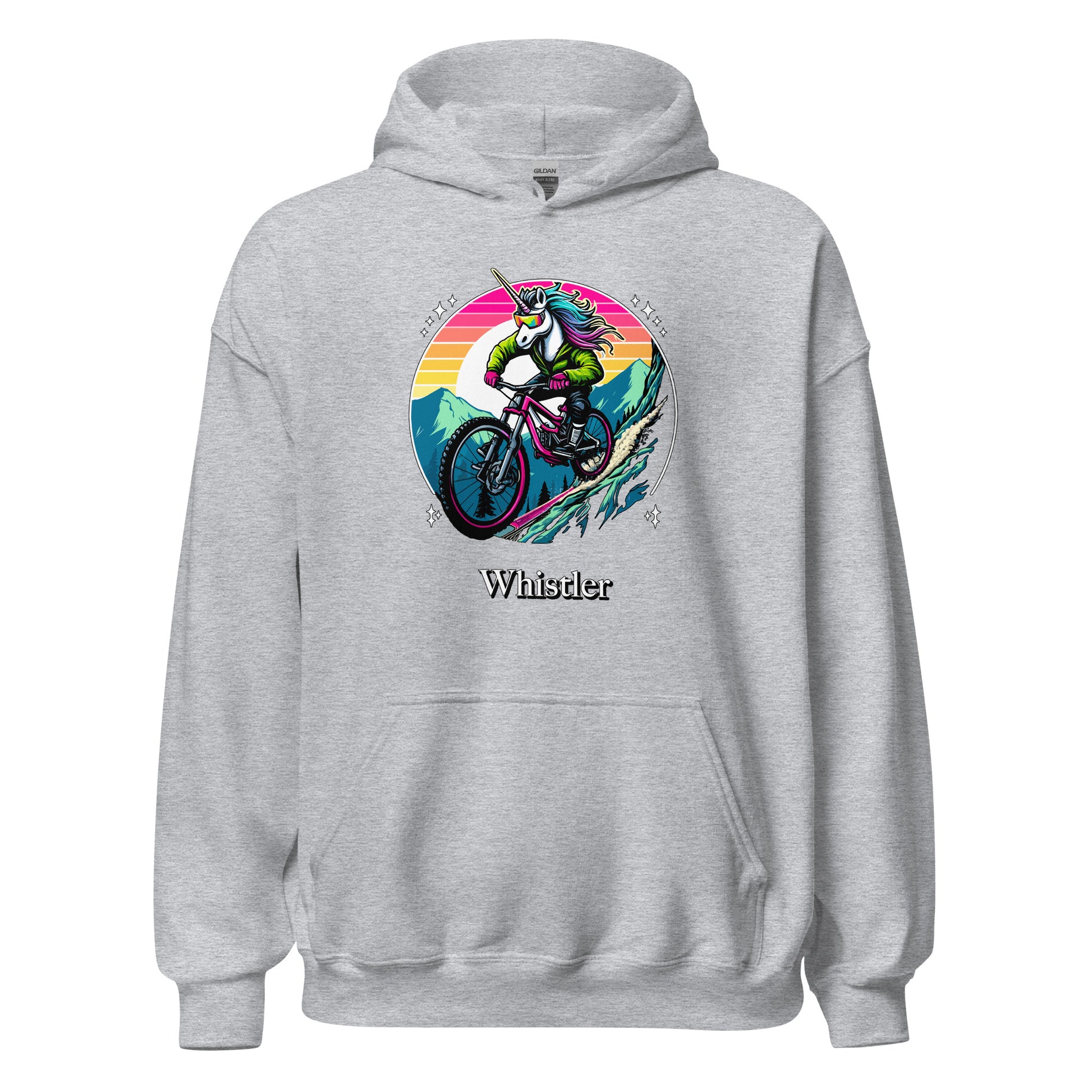 Unicorn Mountain Biking Rainbow Whistler Hoodie printed by Whistler Shirts