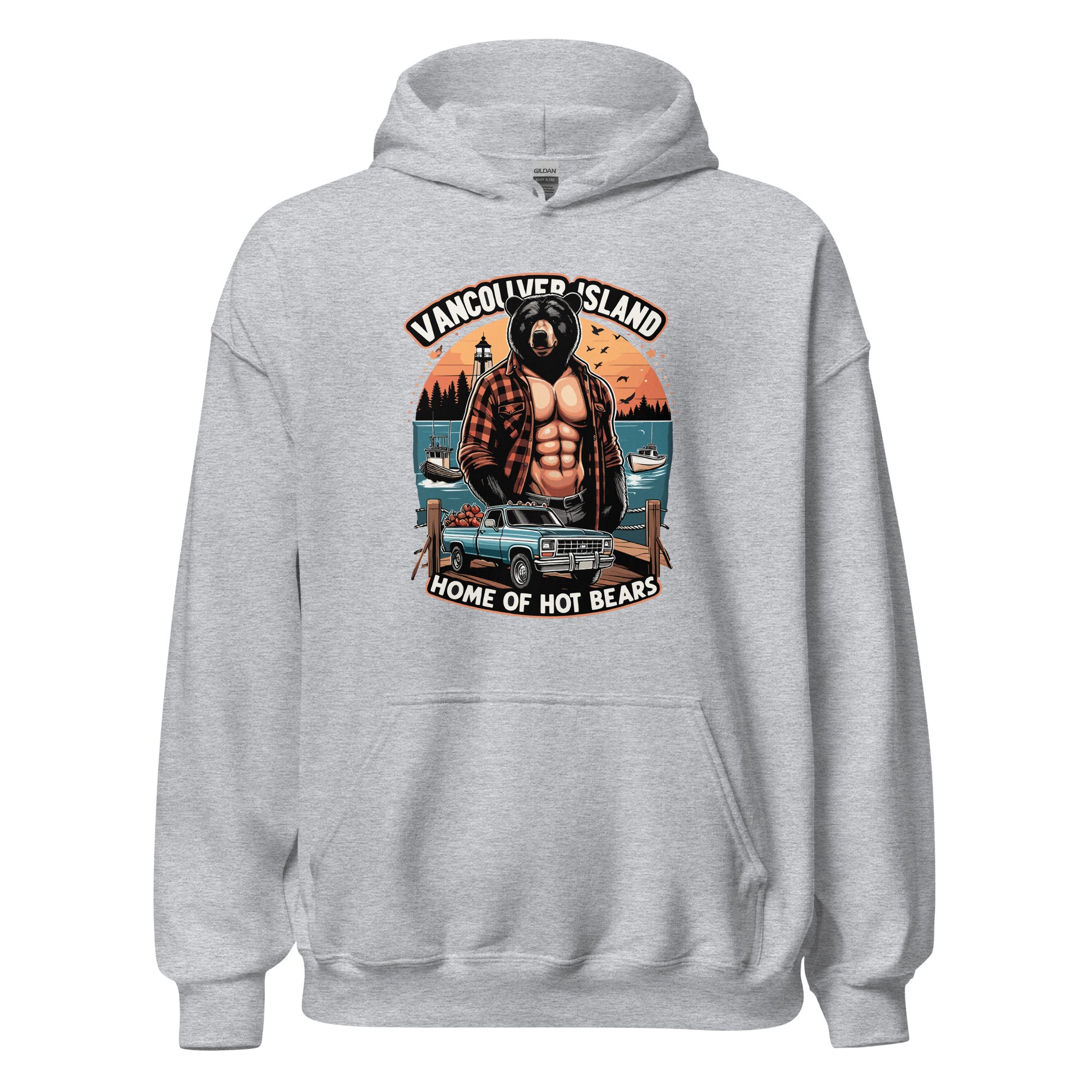 Hoodie printed with Vancouver Island Home of Hot Bears text with picture of a shirtless man with a bear head and truck on a dock by the ocean. Printed on hoodie by Whistler Shirts