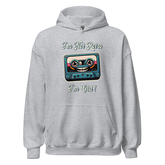 Im not retro im old casette tape hoodie printed by Whistler Shirts with a cassette tape wth a smiley face on