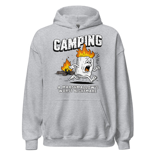 Camping a marshmellows worst nightmare printed hoodie by Whistler shirts, with print of marshmellow running away from fire