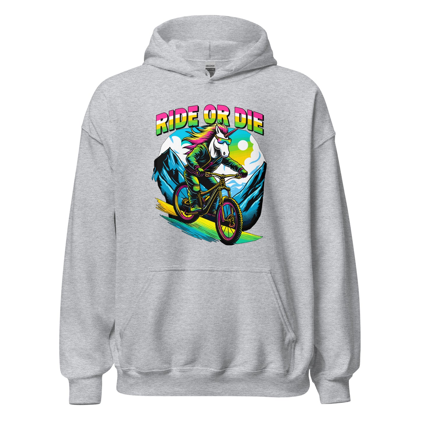 Ride Or Die Unicorn riding a bike down a mountain printed on hoodie by Whistler Shirts