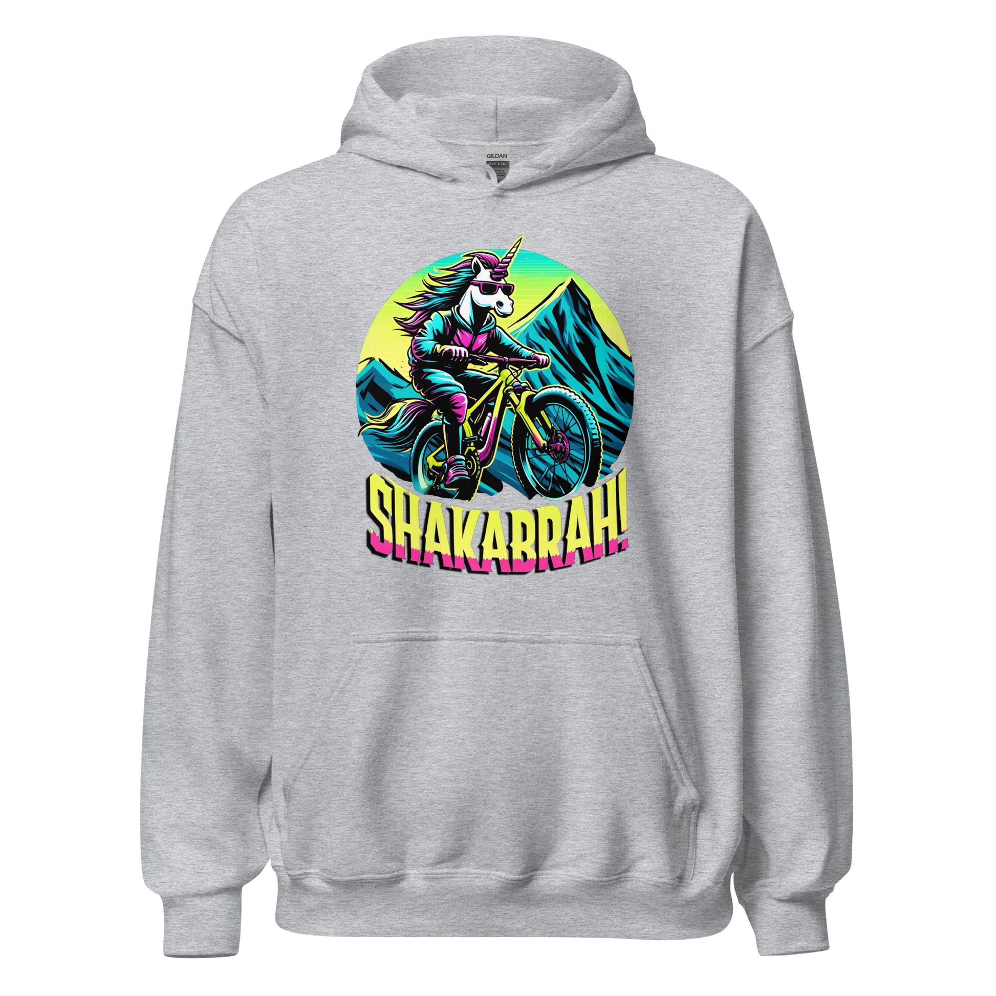 Shakabrah unicorn mountain biking design printed on a hoodie by Whistler Shirts