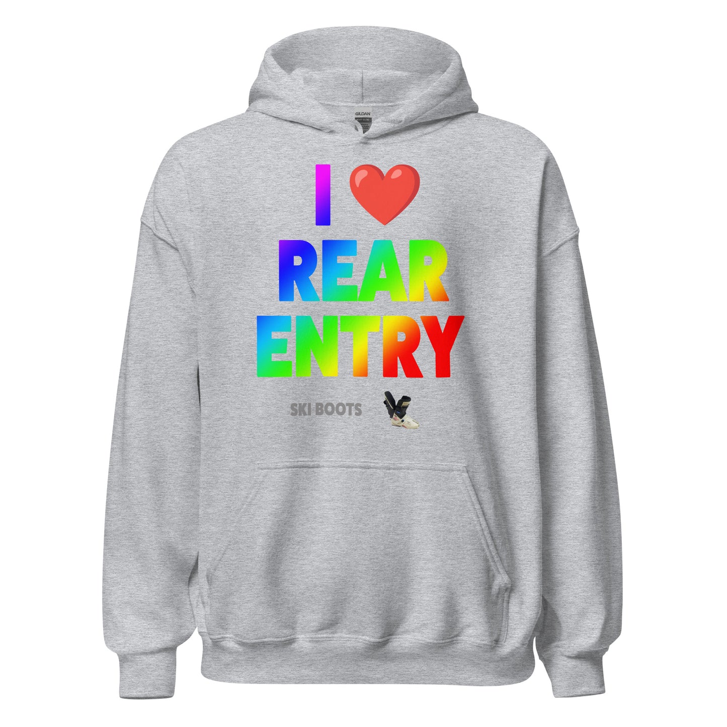 I Love Rear Entry Ski Boots Design printed on hoodie by Whistler Shirts