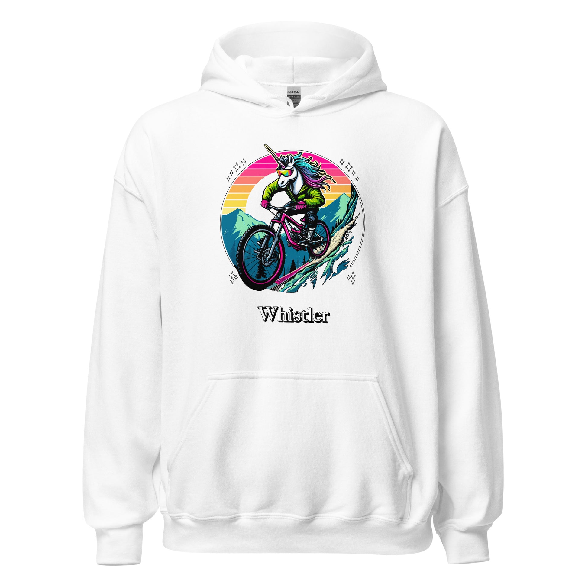 Unicorn Mountain Biking Rainbow Whistler Hoodie printed by Whistler Shirts