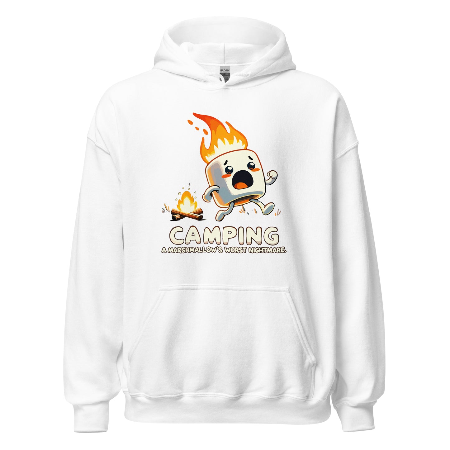 Camping a marshmellows worst nightmare with a marshmellow running away from a campfire printed hoodie by Whistler Shirts