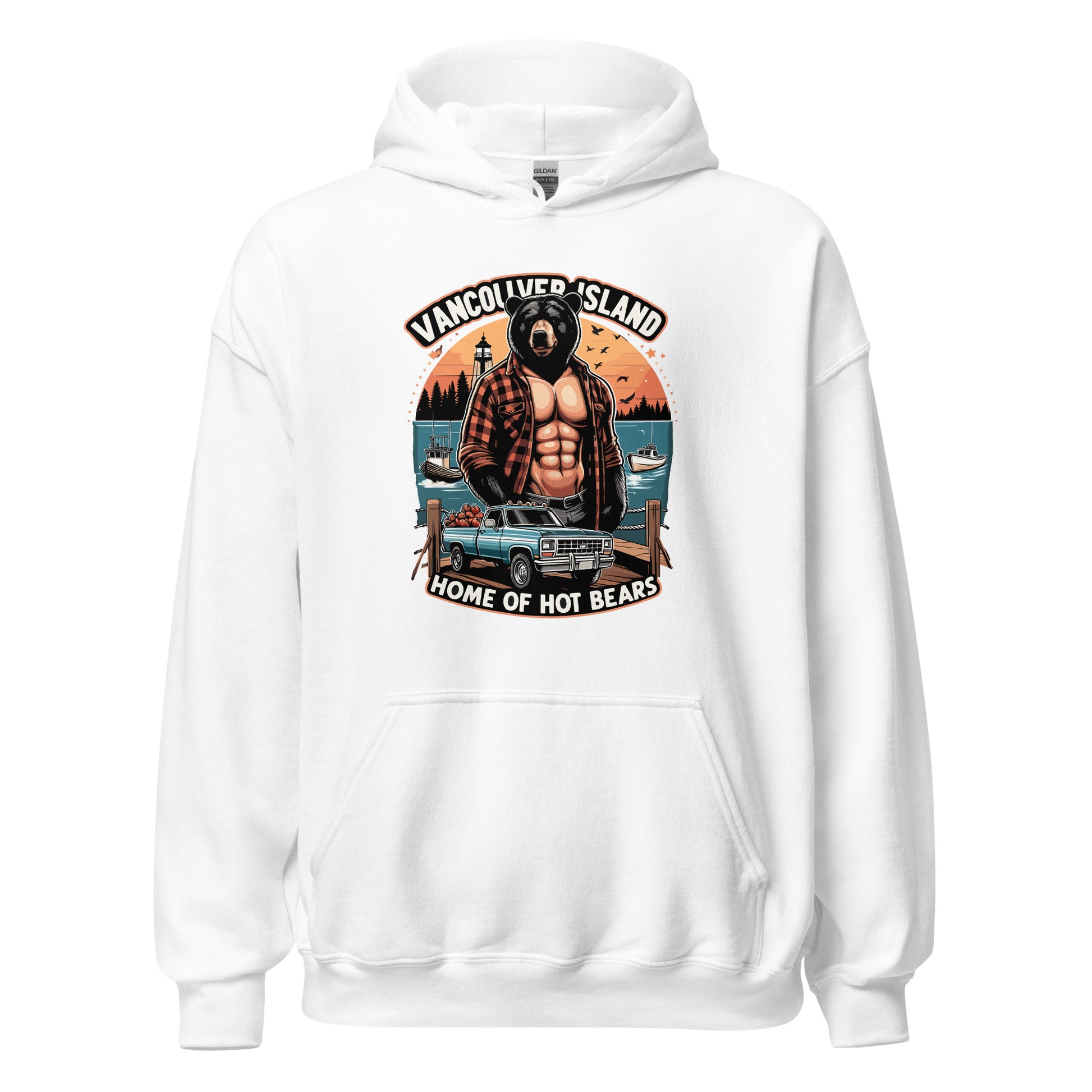 Hoodie printed with Vancouver Island Home of Hot Bears text with picture of a shirtless man with a bear head and truck on a dock by the ocean. Printed on hoodie by Whistler Shirts