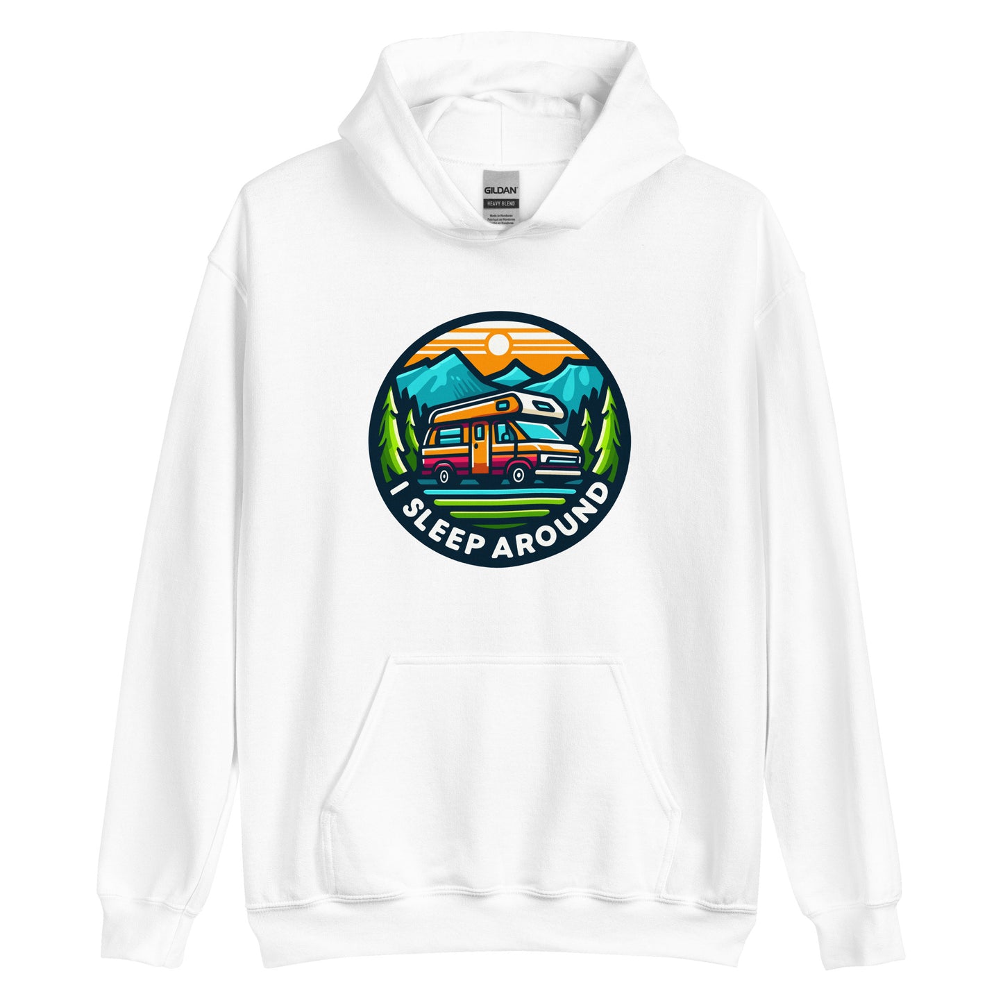 I Sleep around camper van design printed on Hoodie by Whistler Shirts