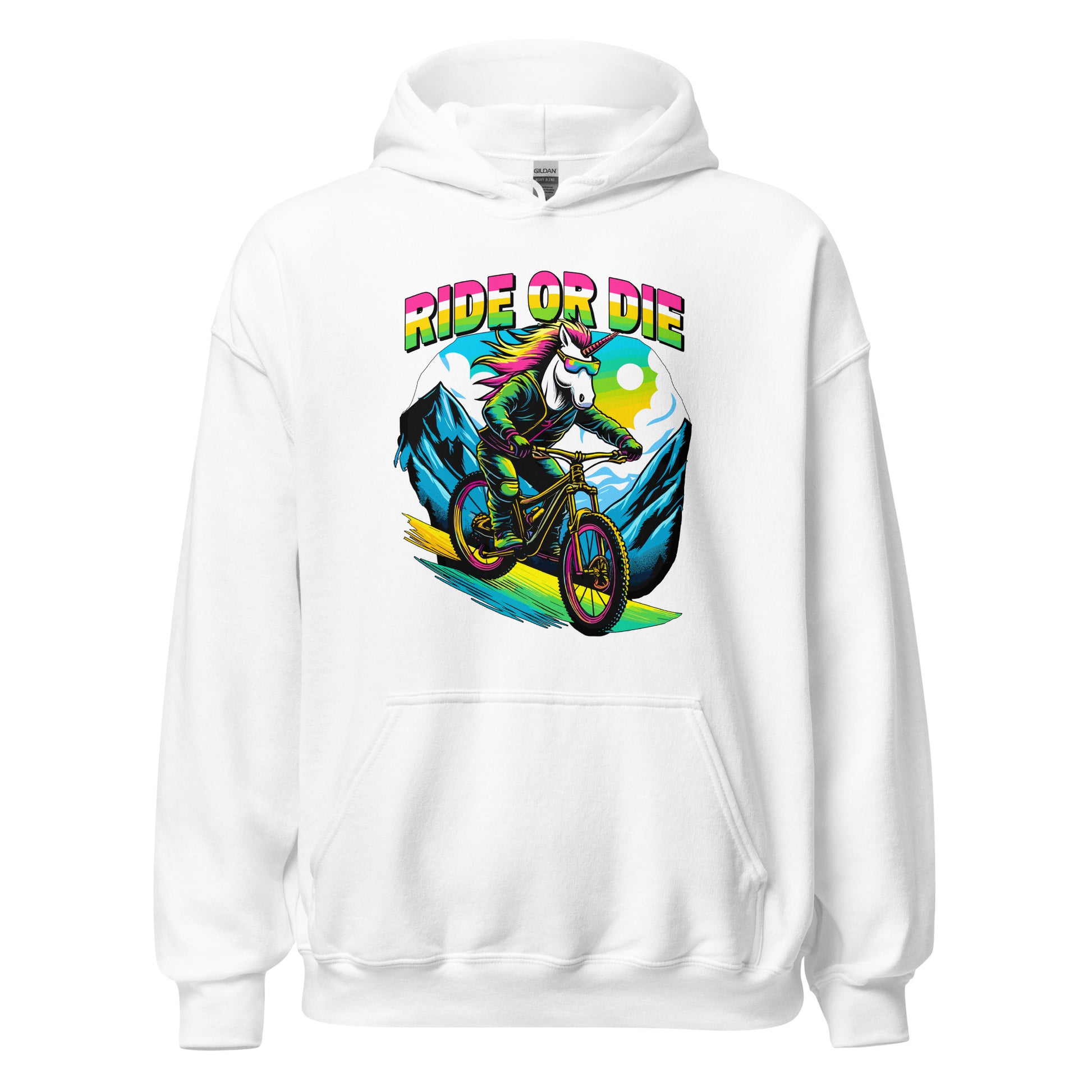 Ride Or Die Unicorn riding a bike down a mountain printed on hoodie by Whistler Shirts