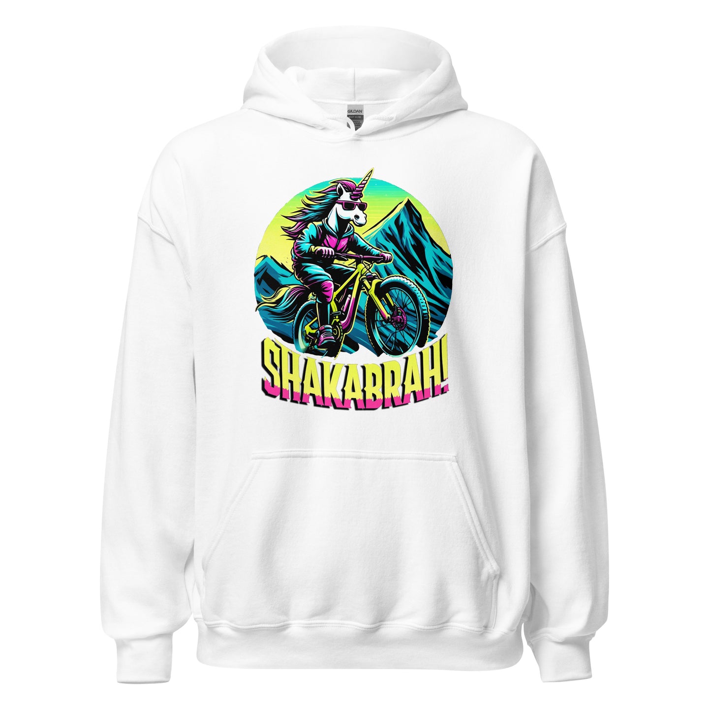 Shakabrah unicorn mountain biking design printed on a hoodie by Whistler Shirts