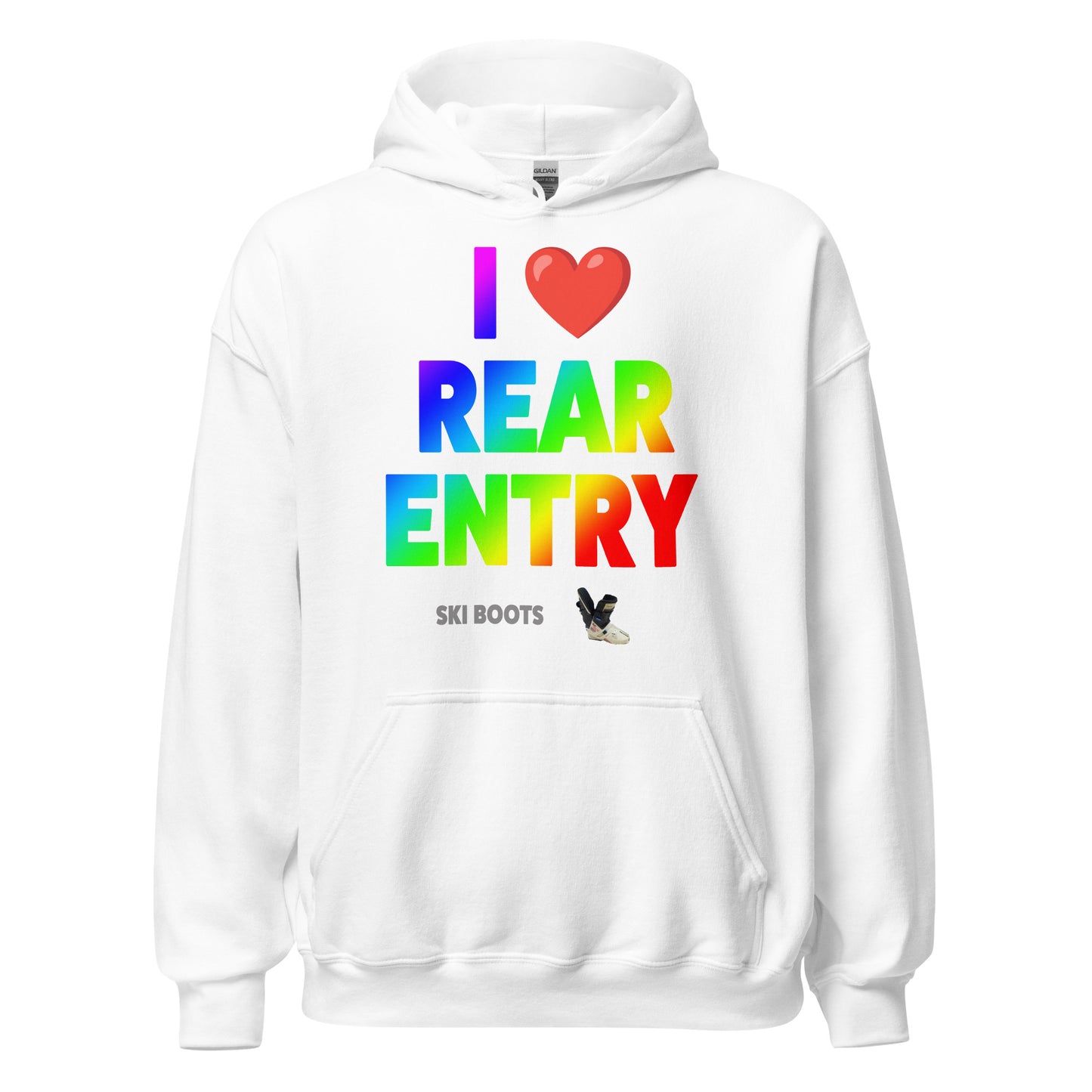 I Love Rear Entry Ski Boots Design printed on hoodie by Whistler Shirts